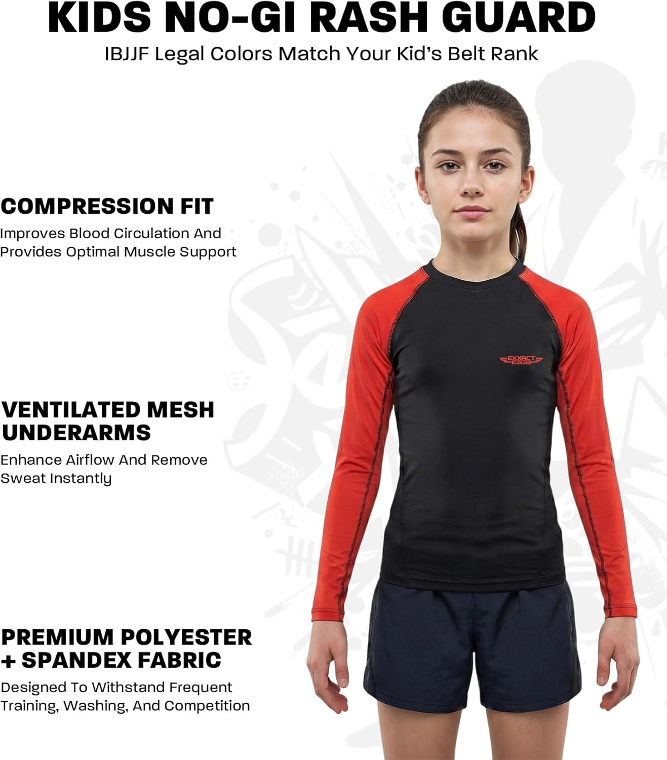 Exxact Sports Kids BJJ Rash Guard Long Sleeve, Ranked No Gi Jiu Jitsu Compression Shirt for Boys & Girls for MMA, Wrestling - Image 3