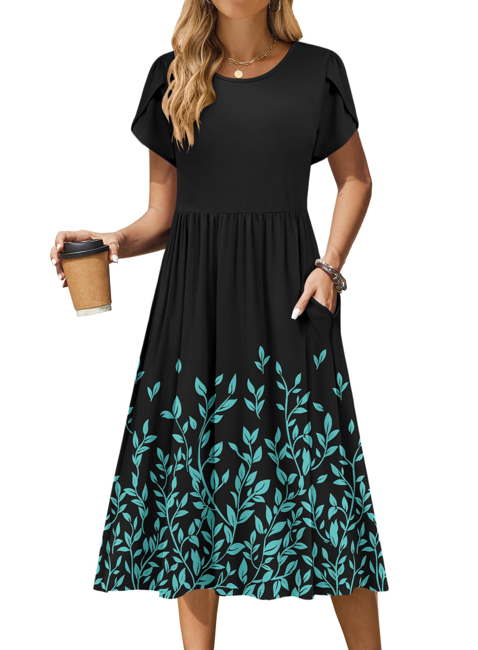 Zeagoo Womens Summer Dresses Casual Aline Midi Dress Short Sleeve Floral Tshirt Dress Flowy Beach Sundresses with Pockets
