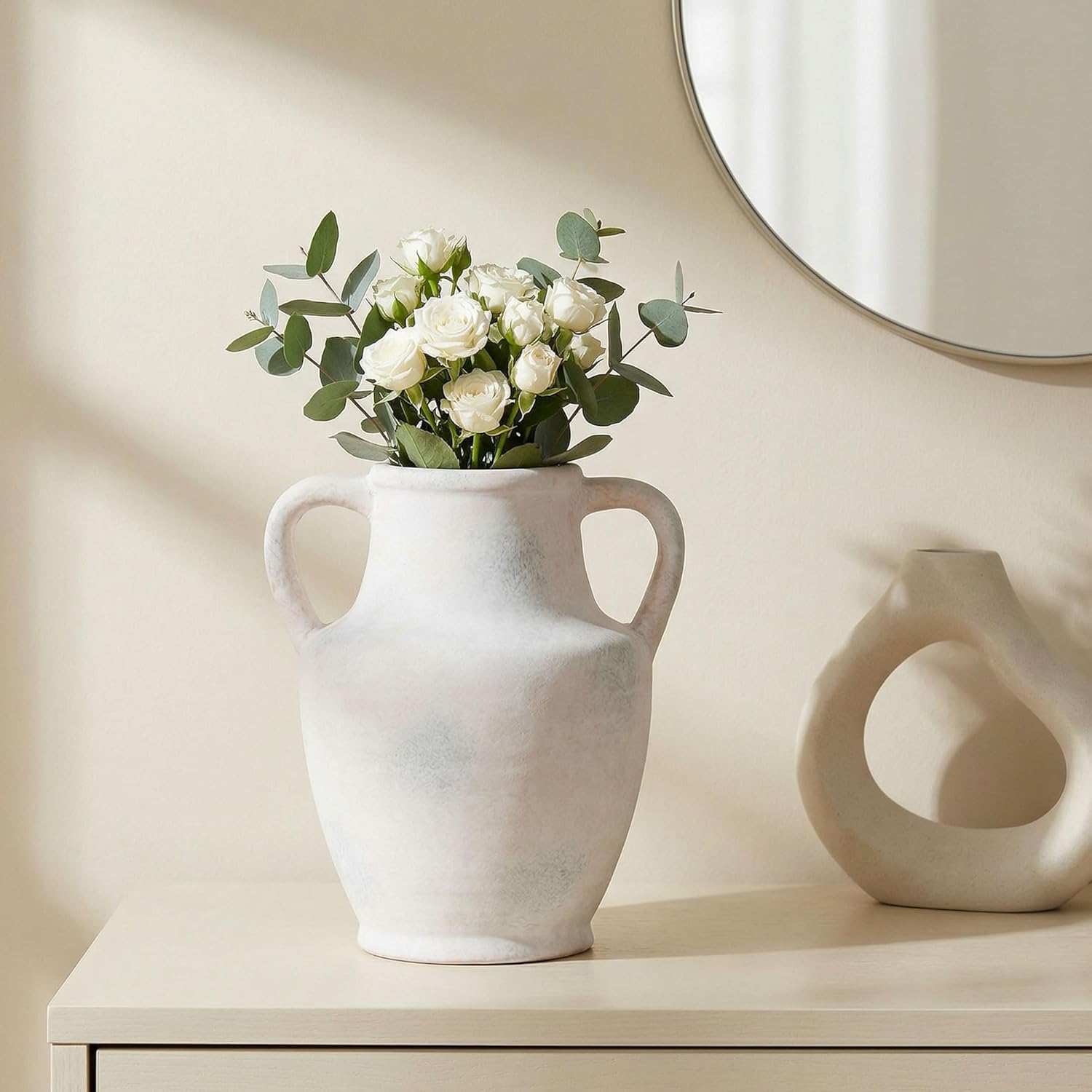 Flower Vase with Handles, 8.66 inch Tall Ceramic Vase Farmhouse Rustic Vases Decorative Pottery Vases for Home Decor Living Room Table Bookshelf Centerpiece Bouquet Wedding Fireplace (White)