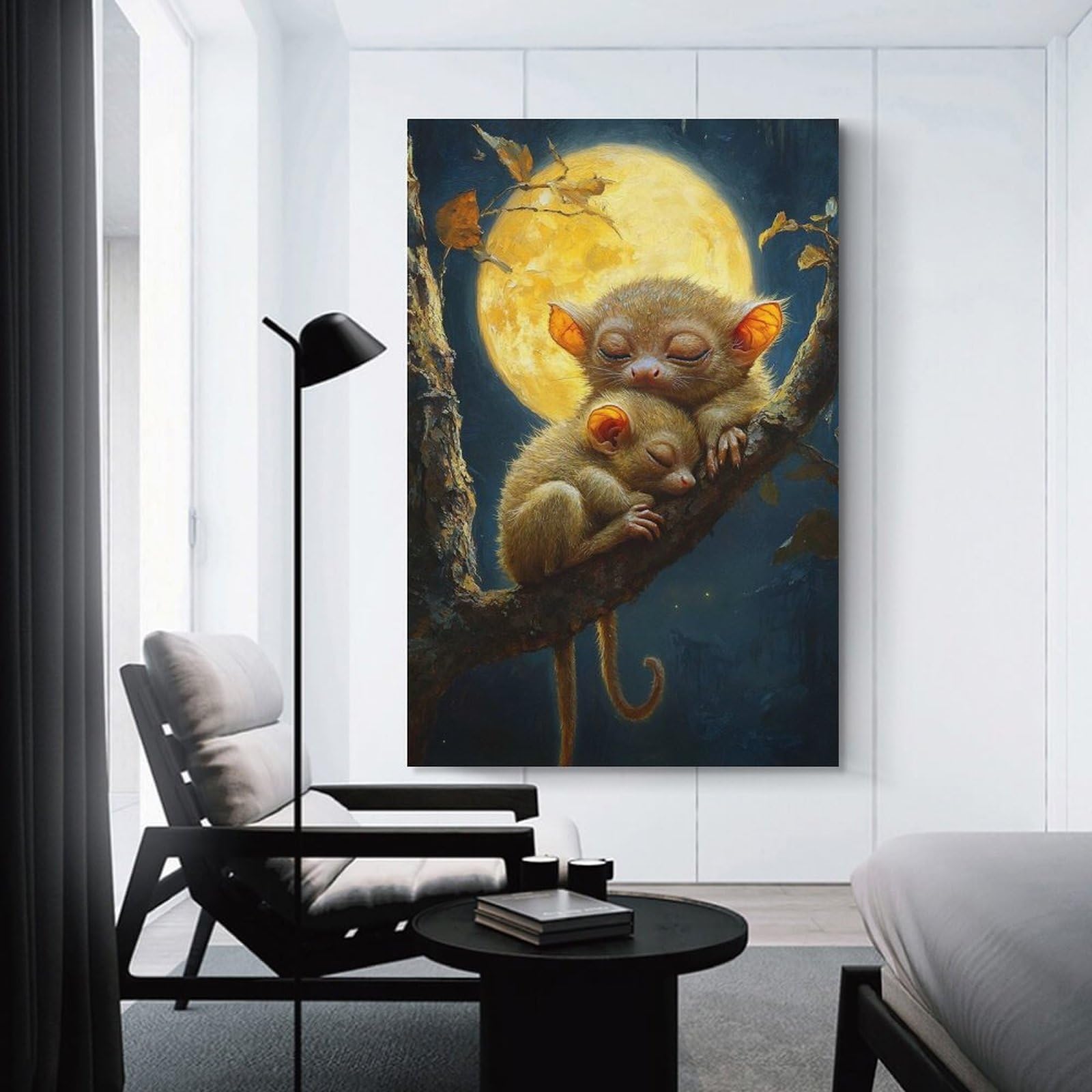 Junmoney Unframe-Style-13 Sleeping Tarsiers Under The Moonlight Canvas Wall Art, 20X30inch(50X75cm), For Living Room, Bedroom Or Apartment Walls, Decorative Artwork For Empty Walls