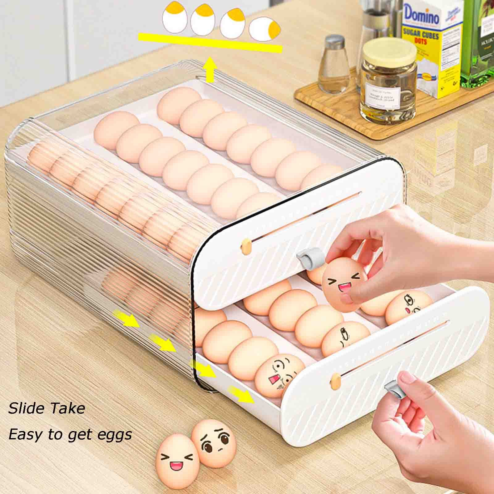 Contenedor de almacenamiento de huevos, cajón de 2 capas para refrigerador, bandeja de plástico apilable con capacidad para 36 huevos con asas, diseño deslizante