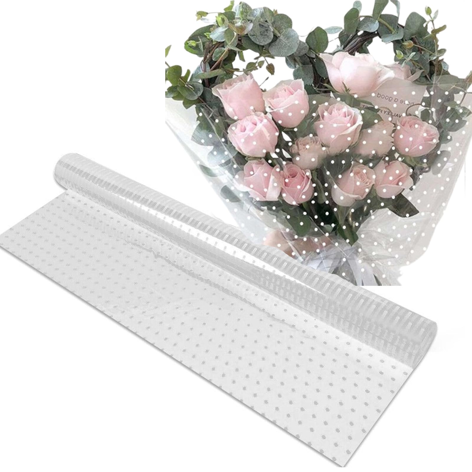 Cellophane Wrap Roll 80cm x 100m Large Clear Wrapping Gift Paper White Dot Spotty Wrapping Roll Flower Wrapping Film for Florist Bouquet Baskets Wrapping Arts Crafts Supplies Packaging Film