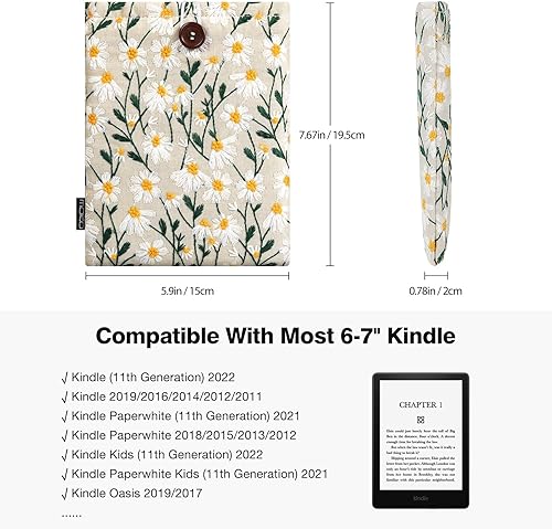 Miniatura 2 de MoKo Funda acolchada bordada de margaritas de 6-7 pulgadas para Kindle de 11108 generación, Kindle Paperwhite 1110 generación, Kindle Colorsoft