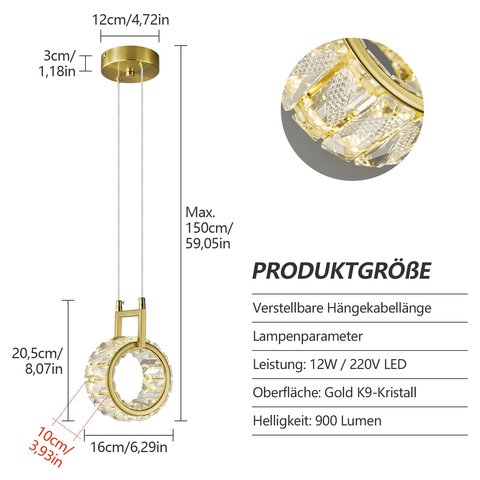 ZPBSJ Kitchen Island Mini Pendant Lights Modern Led Crystal Pendant Light Gold Round Chandelier 12W for Dining Room Living Room Kitchen Bedroom Bar(1-Light) - Image 2