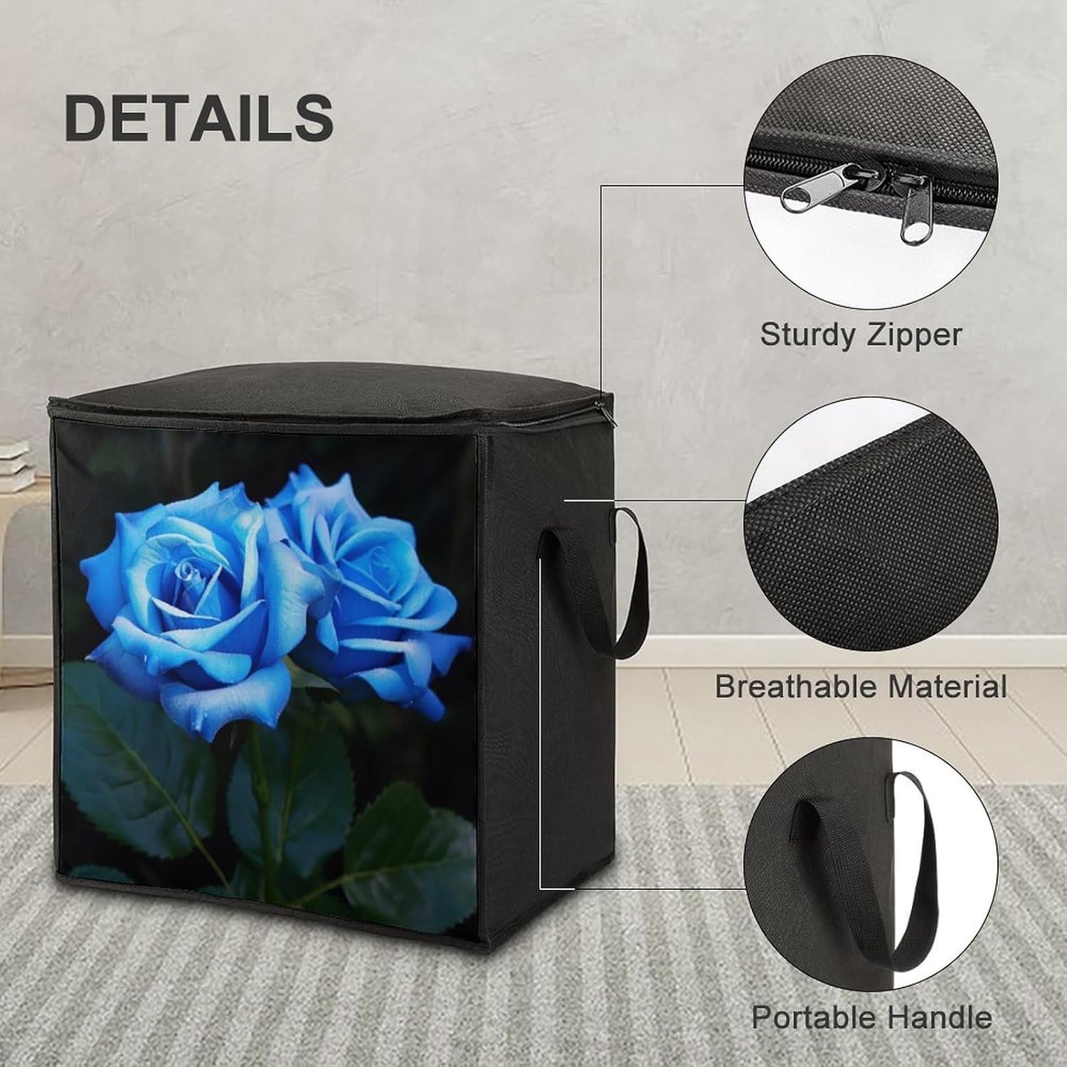 Quilt Storage Bag,Blue Rose Flowers Printed Large Foldable Storage Container Portable Travel Storage Bag for Blankets, Quilts, Clothes, Comforter, Bedding And Pillows