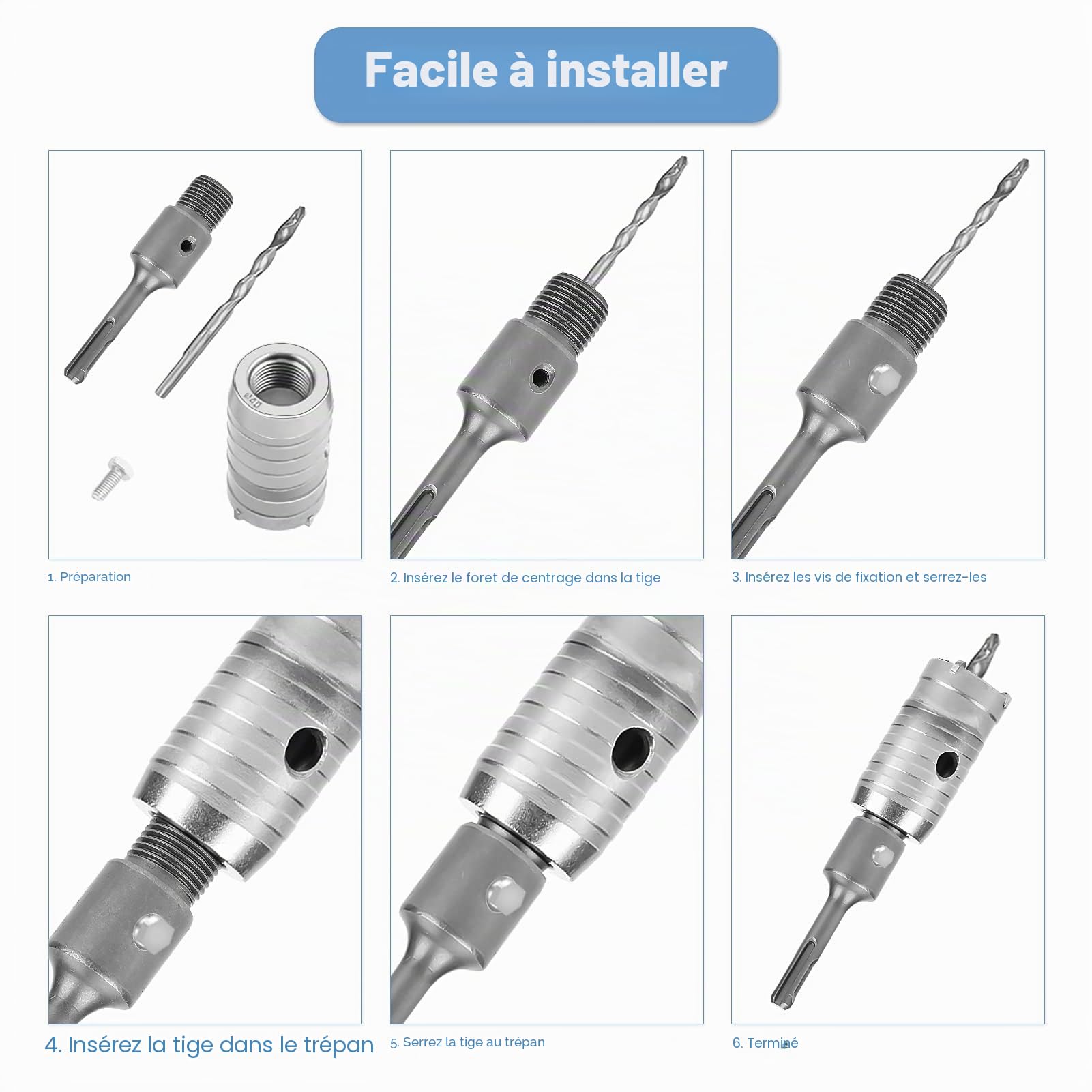 Trépan Béton, Set de Scies Cloches, Jeu de forets pour Carottiers TCT, Scie Cloche Beton, Carotteuse Beton, Coupe-trous pour Maçonnerie en Tungstène à Tige d'extension SDS Plus, 10 pièces