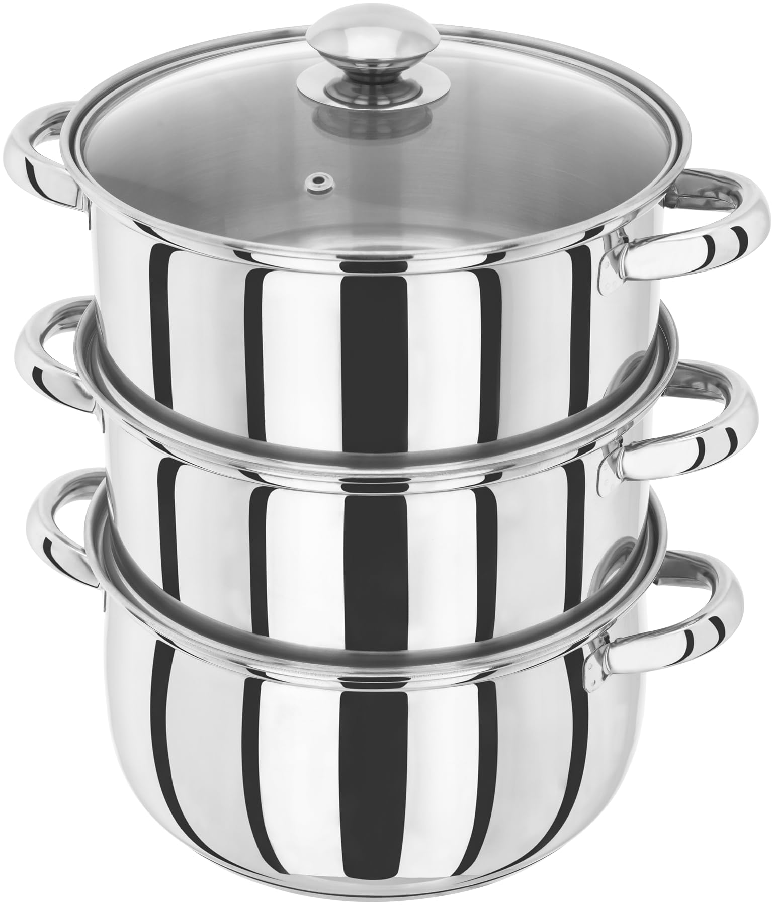 Judge Essentials Edelstahl Dampfgarer Topf, 3 Ebenen, 22 cm, Glasdeckel mit Entlüftungsloch, Integrierter Kochtopf, Backofenfest, Induktionsgeeignet