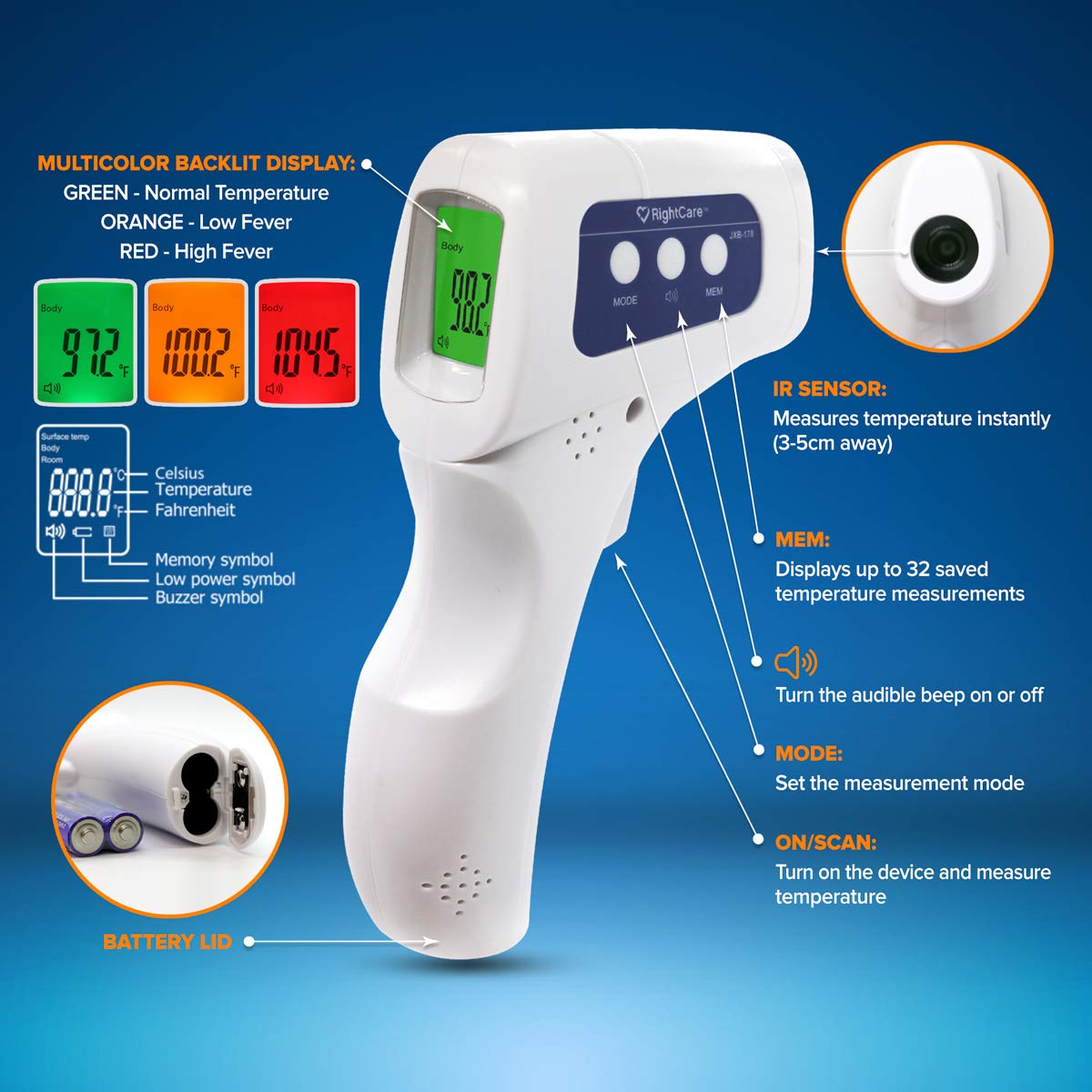 RightCare Berührungsloses Infrarot-Stirnthermometer mit sofortigen Ergebnissen für Schule, Zuhause und Unternehmen, 1 Stück