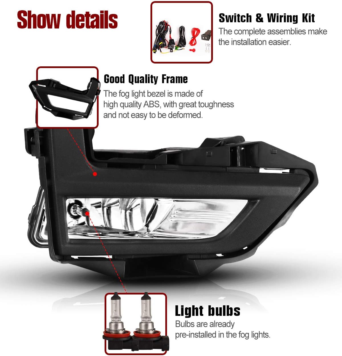 AUTOWIKI Fog Lights For Nissan Rogue 2017-2020 (Not Fit Sport Model) With Clear Lens Fog Light Assembly 2PCS OEM Replacement Fog Lamps (Switch and Wiring Kit Included)