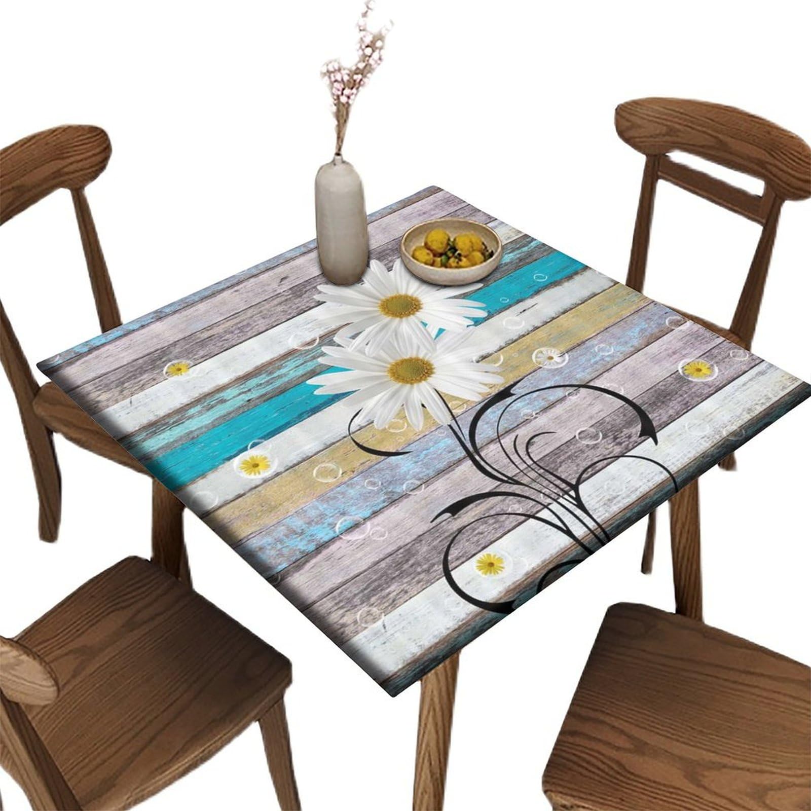 Elastic Edge Fitted Card Table Tablecloth, Wood and Daisy Pattern Printed on Stretchable Polyester Table Cover, for Outdoor Patio and Indoor Kitchen
