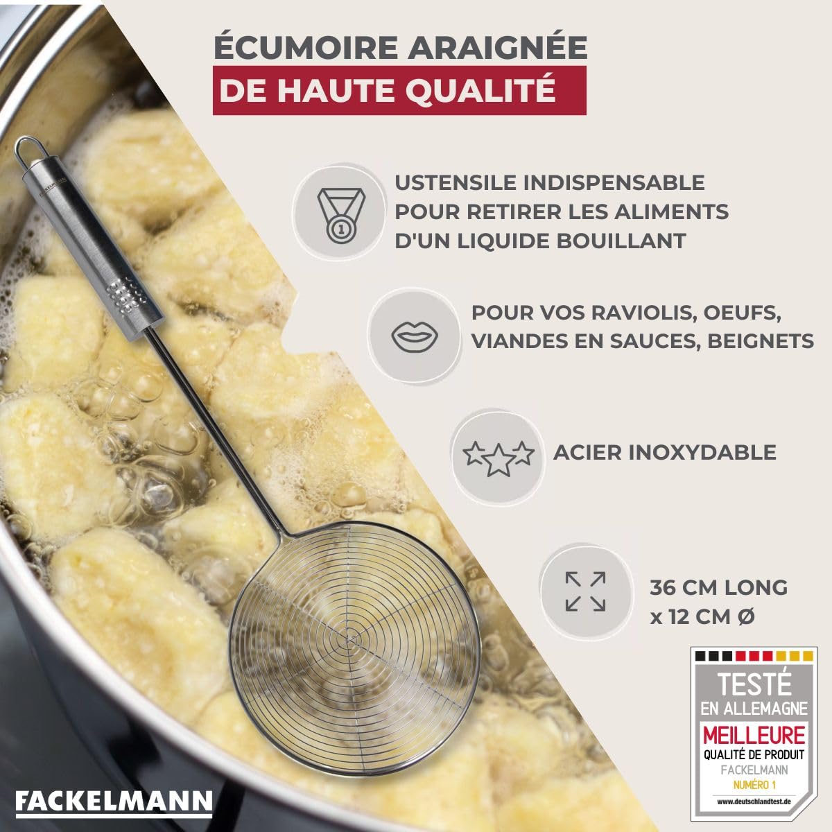 Fackelmann 40674 Écumoire avec poignée ovale 36 cm, Ecumoire araignée en inox, Acier Inoxydable, Argenté, 36x12x5,5cm
