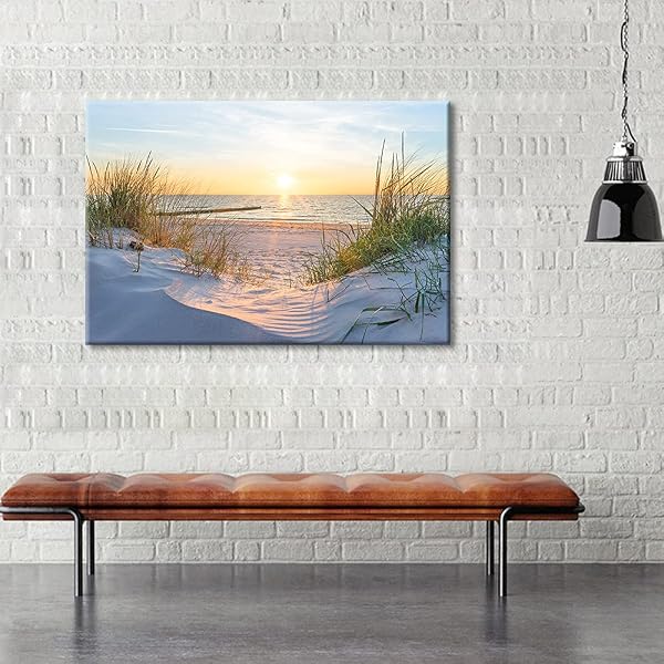 TISHIRON Wall Art Sandy Beach Sunrise Pictures Painting on Canvas Wall Art Modern Framed Seaside Canvas Prints Ready To Hang(36X24in) - 5