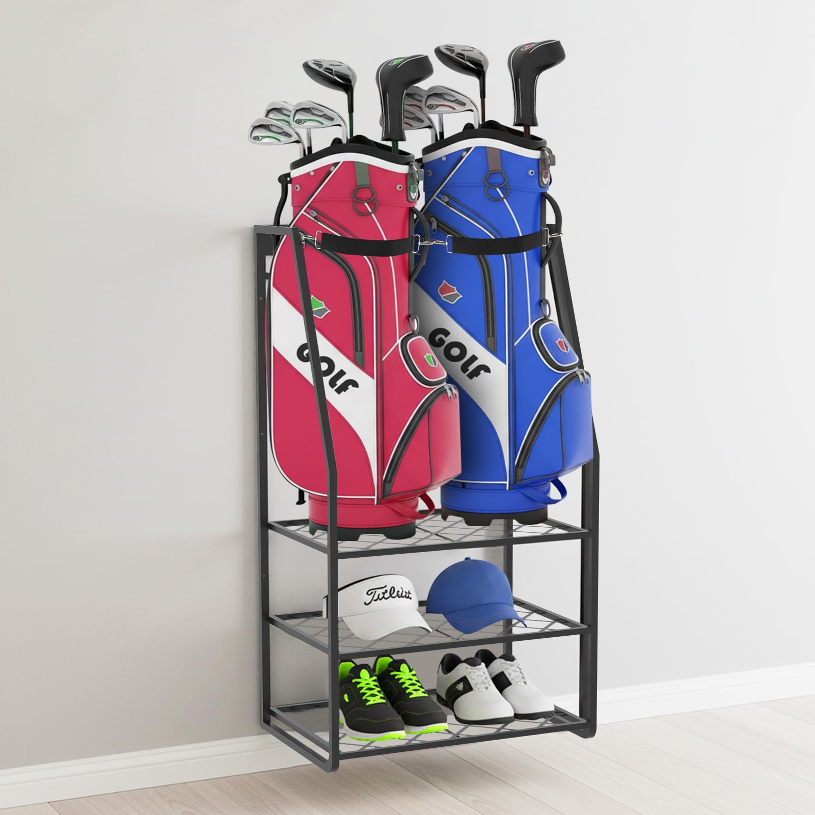 Wall Mount Golf Bag Organizer for Garage, Heavy Duty Golf Storage Rack Holds 2 Bags, Freestanding Golf Bag Stand and Accessories Holder for Home & Shed