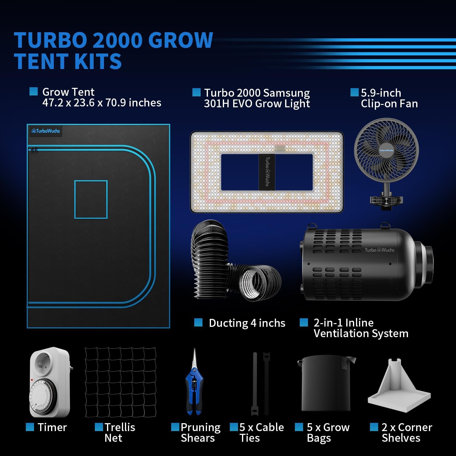 Grow Tent Kit Complete System 4x2 ft, 240W Dimmable LED Grow Light with LM301H EVO & Timer, 1680D Mylar Tent, 4 Inch Smart Ventilation System with Carbon Filter & Clip Fan