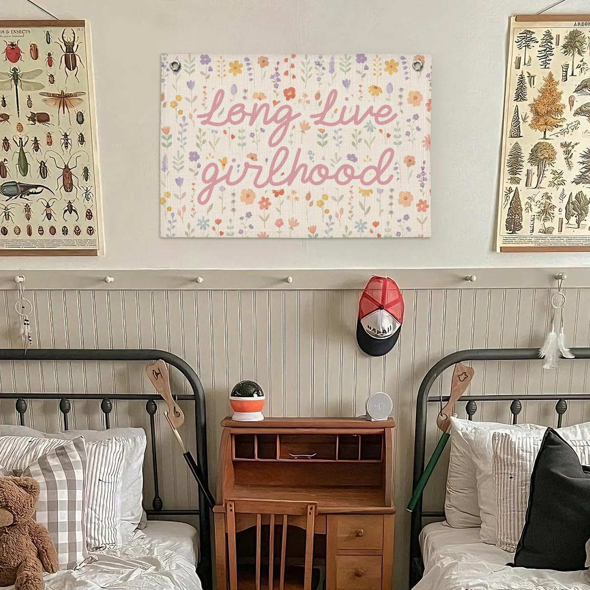 Girls Nursery Bedroom Pink FLoral Wall Decor Playroom Linen Banner image 2