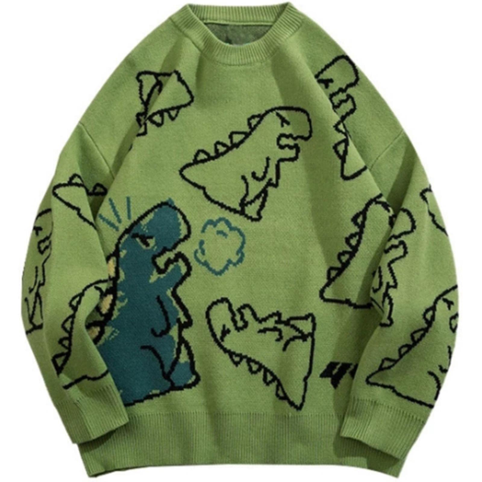 Diann Men's Green Sweater Harajuku Fashion Knitted Hip Hop Streetwear Dinosaur Cartoon Pullover Oversize Casual Couple O-Neck Vintage Sweaters-,M