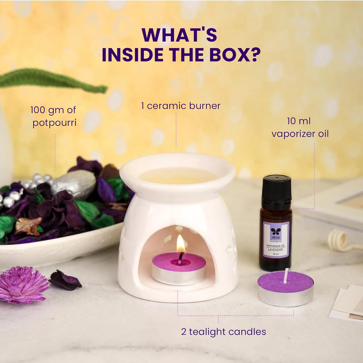 IRIS Fragrance Giftset, Lavender, Sweet Floral Fragrance, Elegant, Fragrances for Fine Living, 1 Ceramic Burner, 10 ml Vaporizer Oil, 2 Tealights, 100 gm Potpourri IRIS Fragrance Giftset, Lavender, Sweet Floral Fragrance, Elegant, Fragrances for Fine Living, 1 Ceramic Burner, 10 ml Vaporizer Oil, 2 Tealights, 100 gm Potpourri