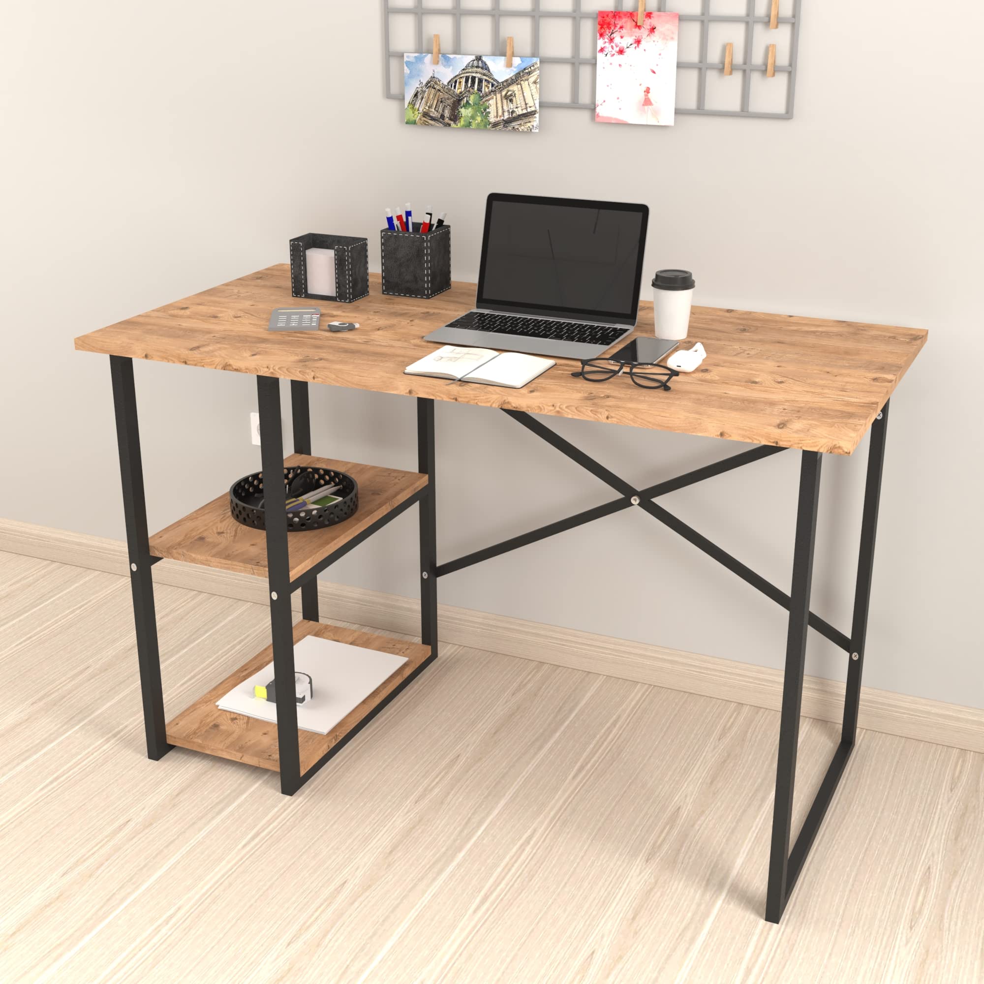 [en.casa] Scrivania con 2 Ripiani Laterali (AxLxP) 75 x 120 x 60 cm Postazione di Lavoro Tavolo da Studio con Telaio in Metallo Nero e Piani in Effetto Rovere