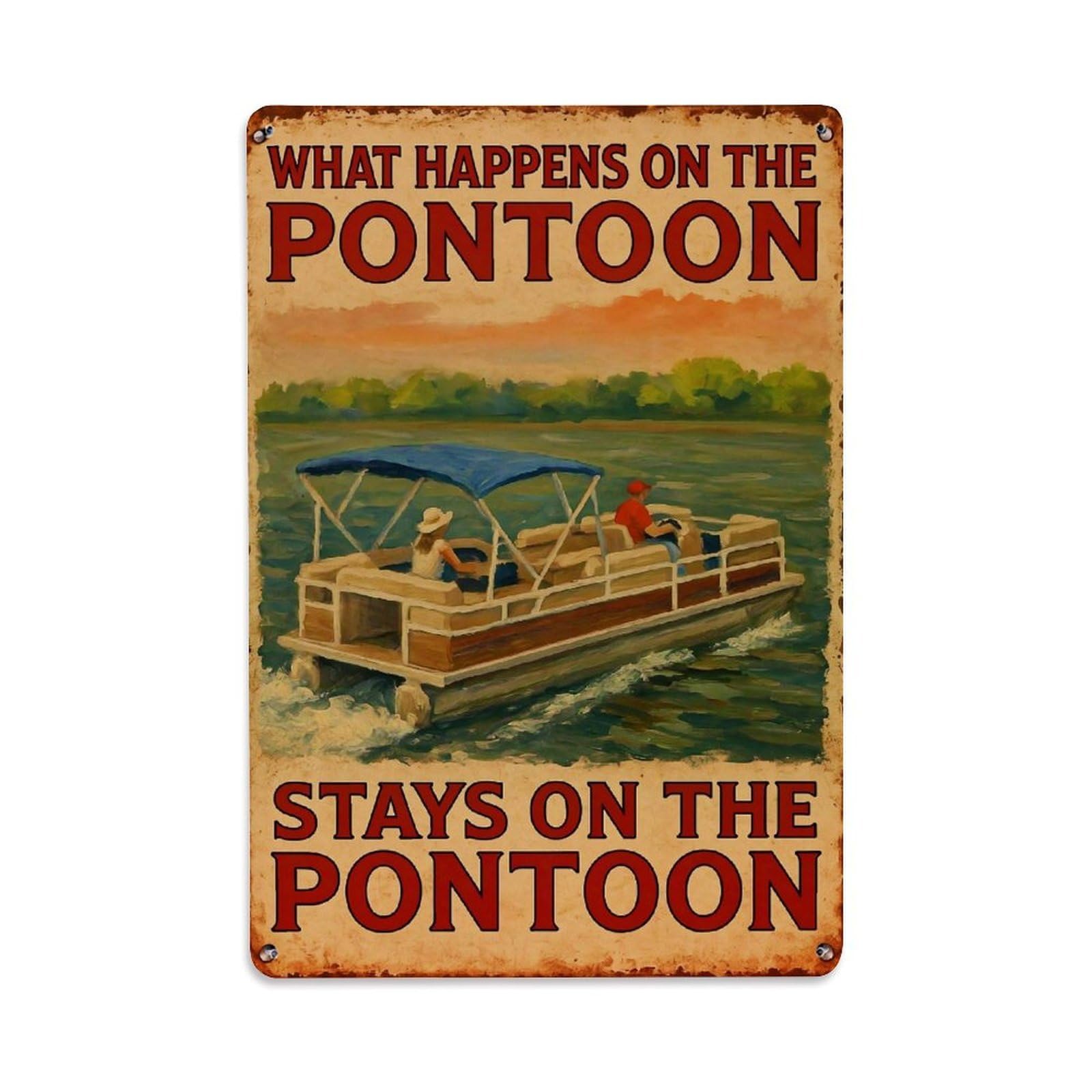 Pontoon Boat Scene With People Retro Metal Tin Sign, Vintage Decor Art Poster for Bar, Home, Man Cave, Kitchen, Laundry Room Gift 8x12Inch