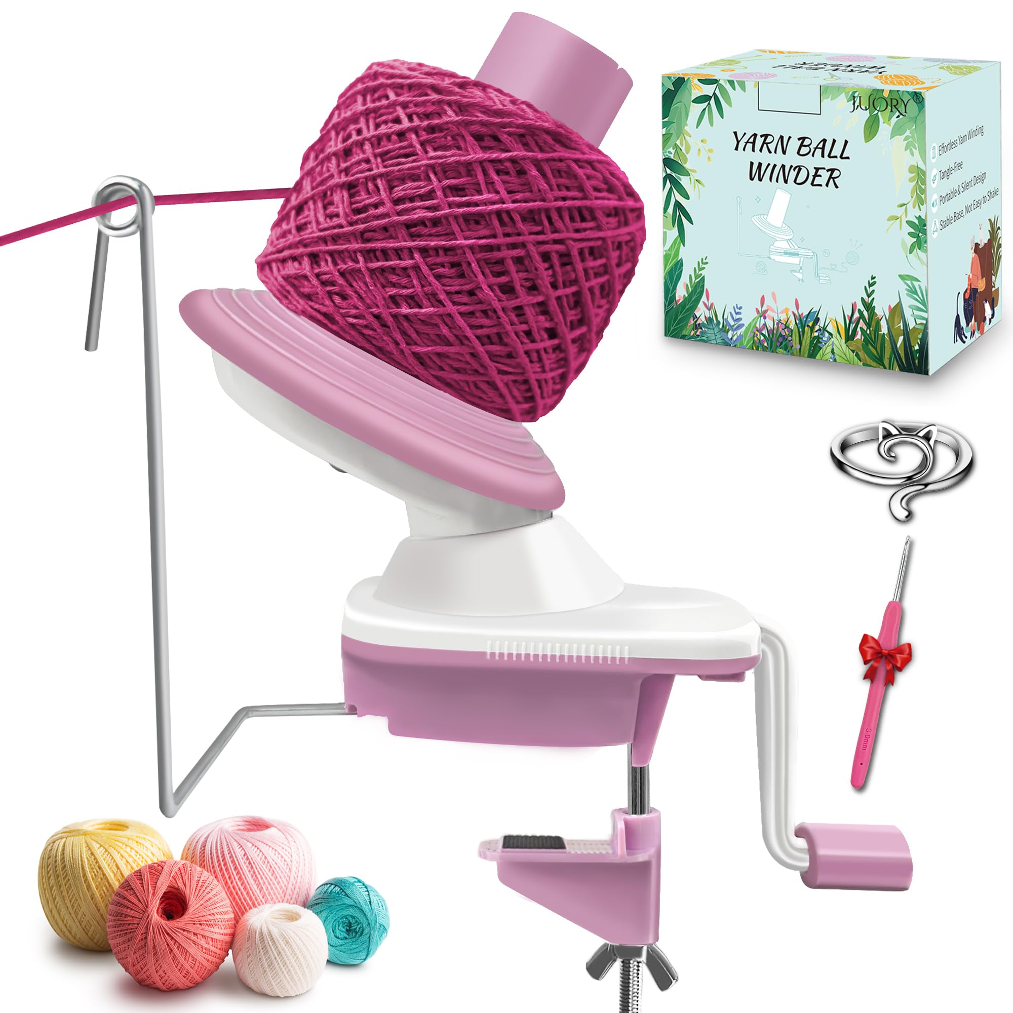 Yarn Winder for Crocheting, Durable 3.5 oz Plastic Yarn Ball Winder with Long and Finger Crochet Hooks, Portable Spinner for Knitting,Pink