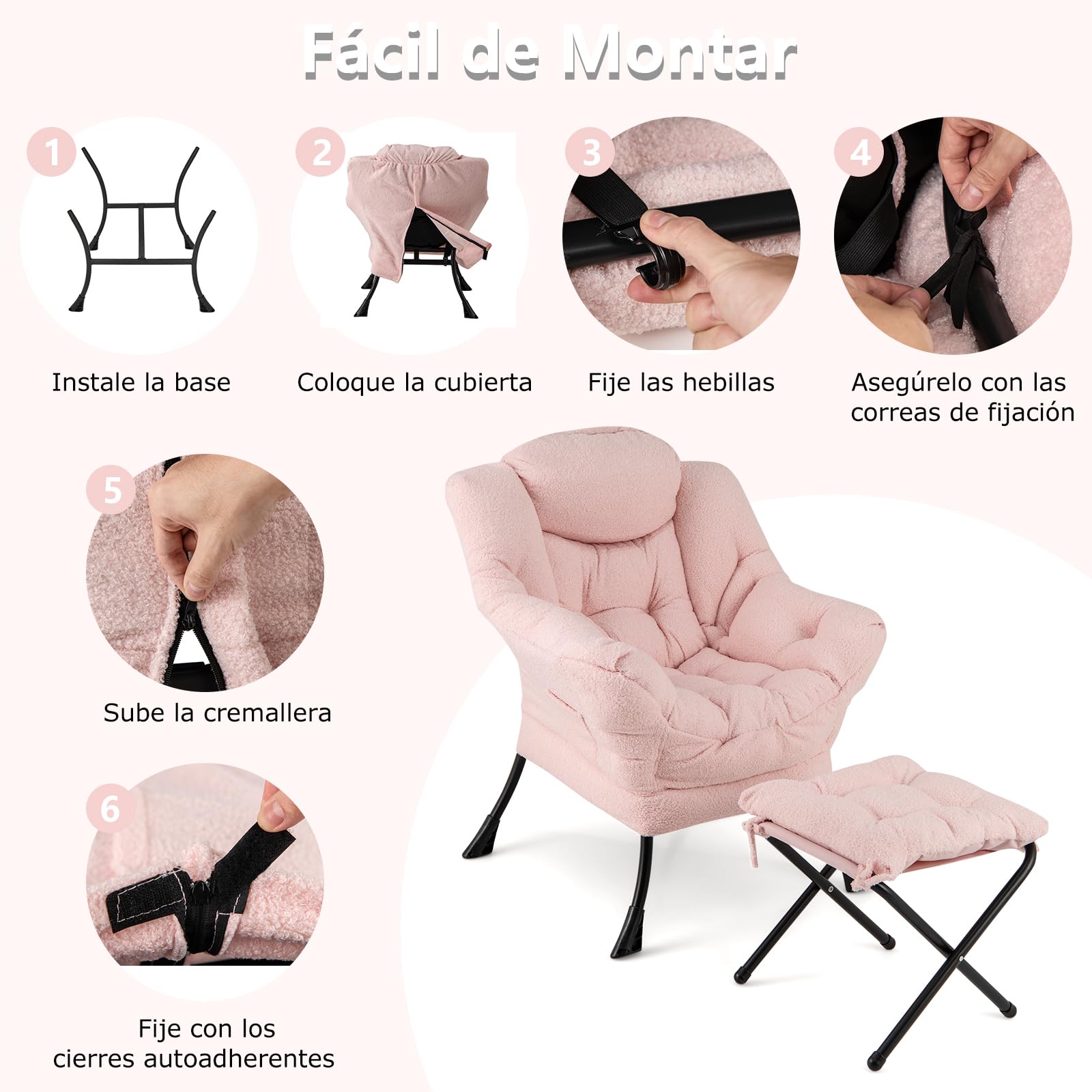 GIANTEX Sillón de Lectura con Reposapiés, Silla Sofá Moderna de Vellón de Imitación con Taburete Plegable, Cojín Suave y Bolsillo Lateral, Sillón de Ocio para Salón, Oficina, Dormitorio (Rosa)