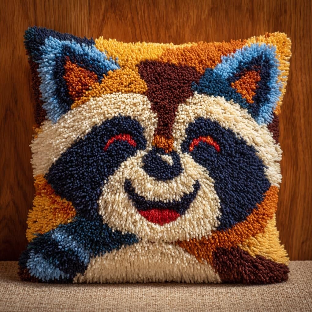 Henypt DIY Latch Hook Cushion Cover Kit 43x43cm,Smiling Raccoon Full Accessories Yarn Craft Set,Ideal Gift for Adults,Kids & Craft Enthusiasts