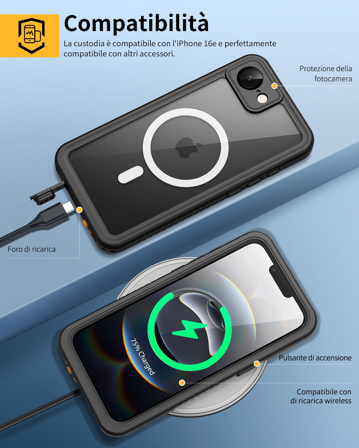 Lanhiem Cover per iPhone 17E 16E impermeabile – Antiurto [compatibile con MagSafe] Infrangibile 360 integrale IP68 Waterproof Chantier antipolvere per iPhone 17E 16E,Nero