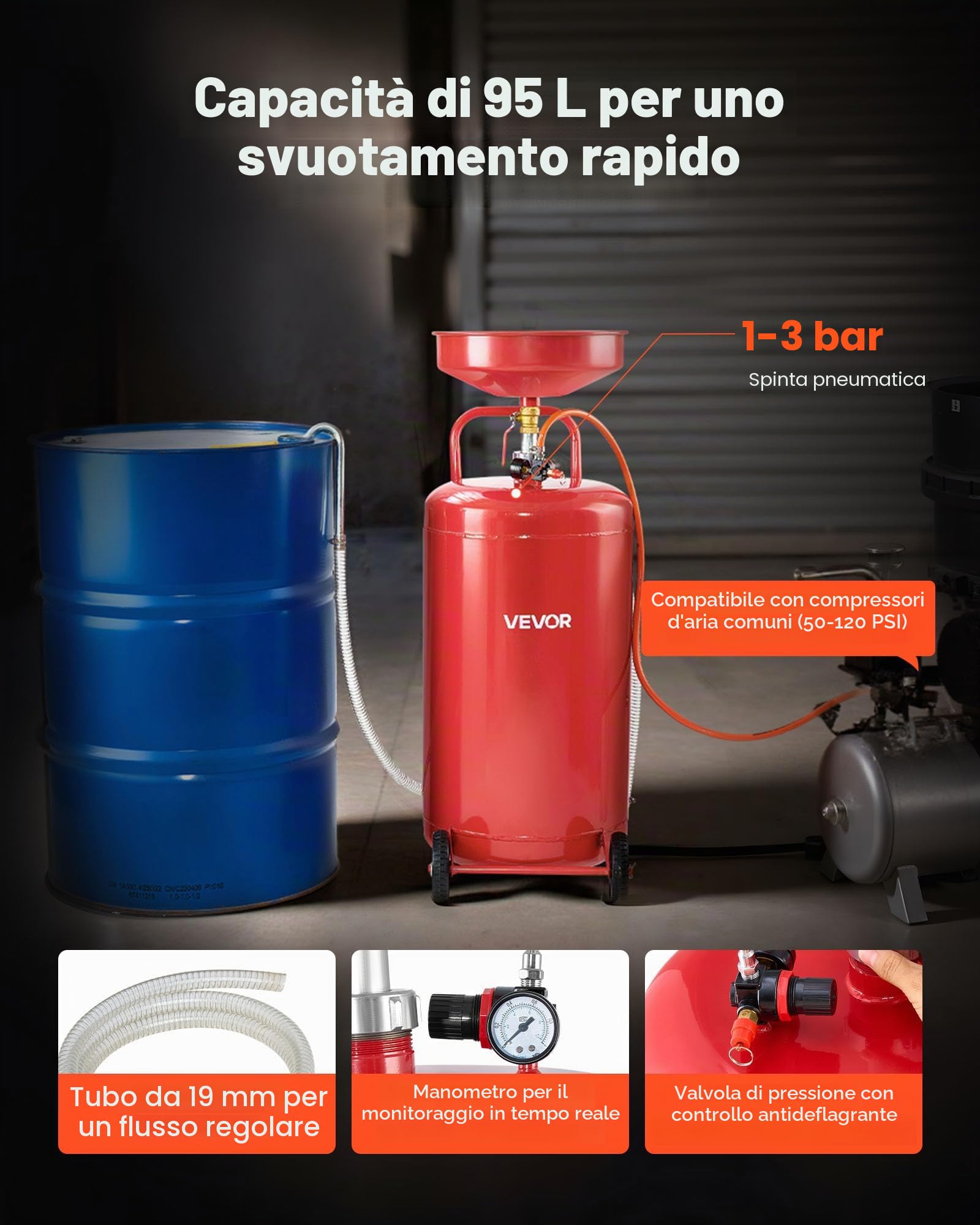 VEVOR Serbatoio di Scarico dell'Olio Esausto 95 Litri, Scaricatore Pneumatico Portatile per Olio con Imbuto Altezza Regolabile con Ruote, Drenaggio per Trasferimento Carburante per Officine
