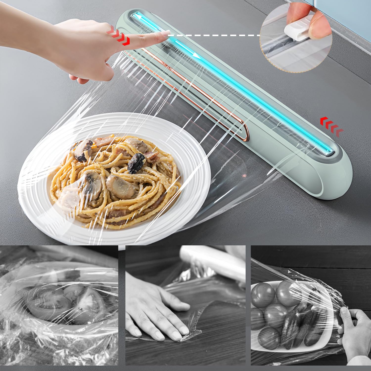 Fresh Halte Folie und Spender, Frischhaltefolienspender Magnetisch, Folienschnrider für Alu- und Frischhaltefolie, Magnetischer Folienspender mit Schiebe Cutter (Grün)