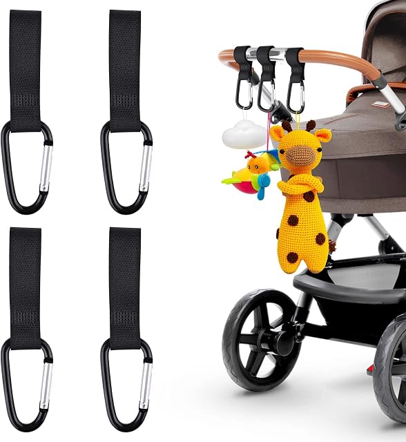 Bekecidi 4 PCS Buggy Clips Hooks Baby Bag Clips Pushchair Hooks Pram Clips Adjustable Stroller Hooks Pram Accessories Hook Your Shopping Bags Handbag on Pushchair Stroller (Black)