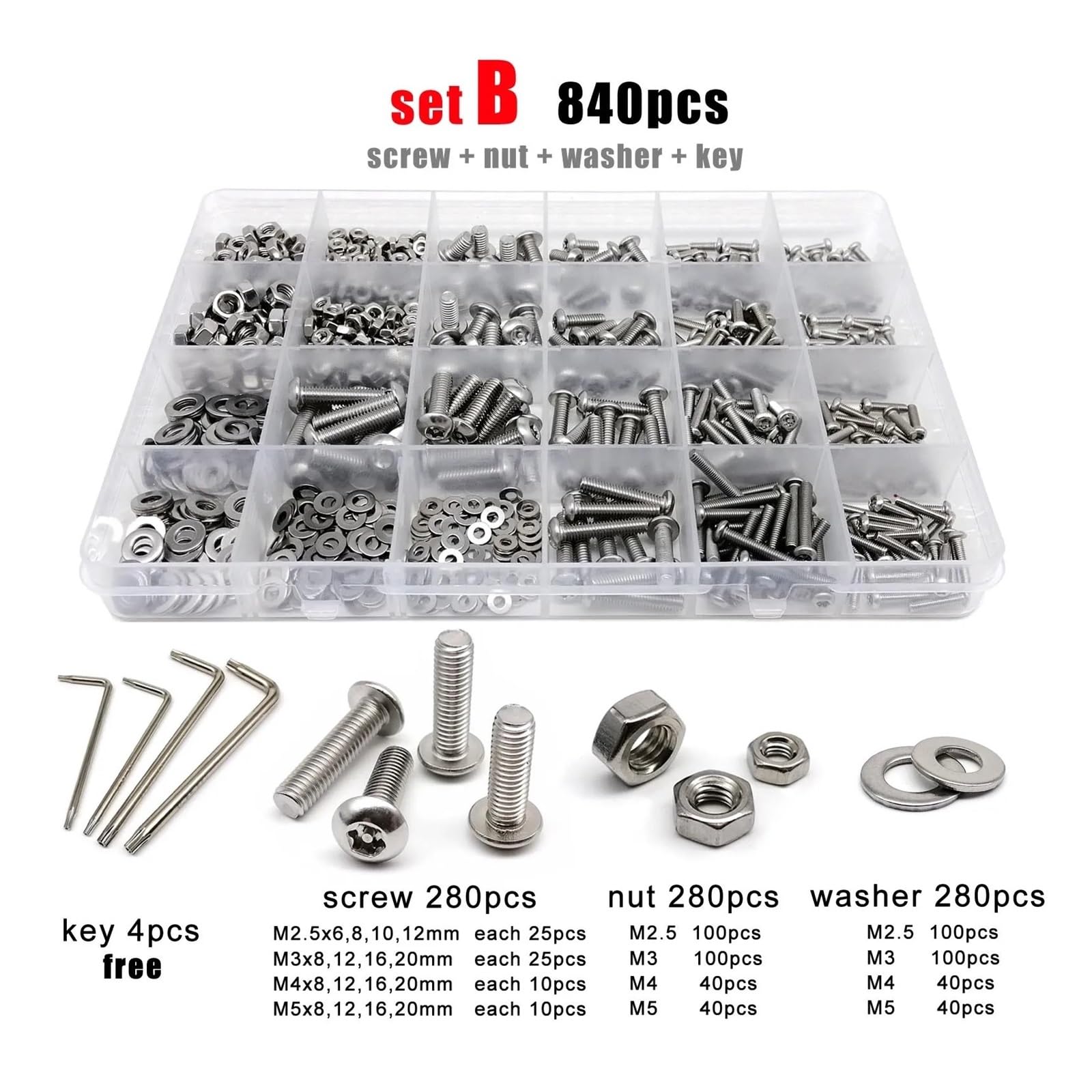 270/840X M2.5 M3 M4 M5 Mix Size 304 Stal nierdzewna Kolumna Pin Torx Przycisk Okrągły łeb Śruba Zestaw kluczy (zestaw B 840 szt.)