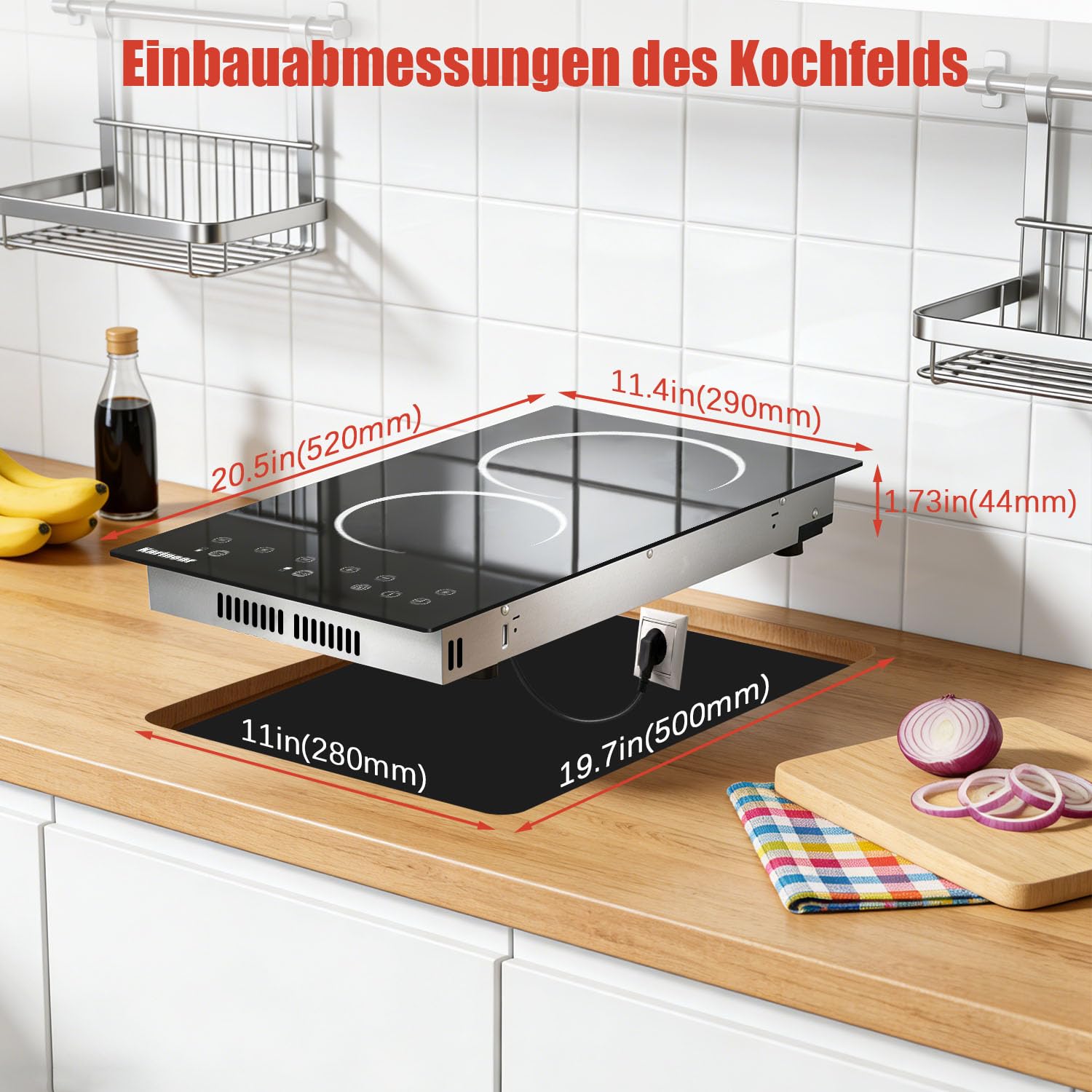 Karinear Glaskeramikkochfeld 2 Platten mit Stecker, Keramikkochfeld Doppel, 3000W Unabhängige Touch-Steuerung, Herdplatte 2 Kochfelder, Timer, Sicherheitsschloss, 240V