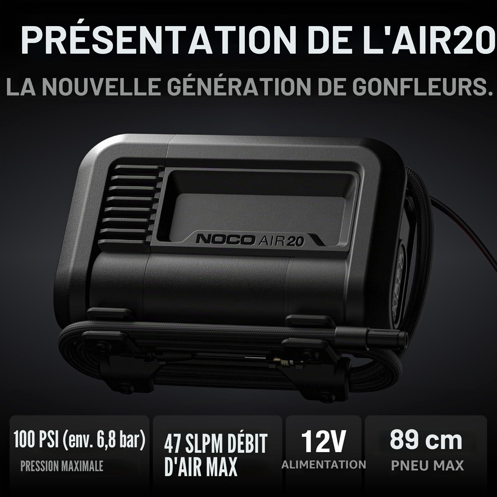 NOCO AIR20: Gonfleur de pneu UltraRapide 20A – Compresseur d’air portable 12V – Débit 47 SLPM – Gonfle de 0 à 40 PSI en 2,5 min – Manomètre numérique + arrêt automatique