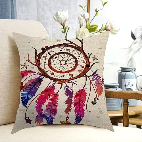 Miniatura 2 de Hysing Fundas de almohada cuadradas de lino con diseño de atrapasueños de colores brillantes de 18 x 18 pulgadas, fundas de almohada cuadradas de