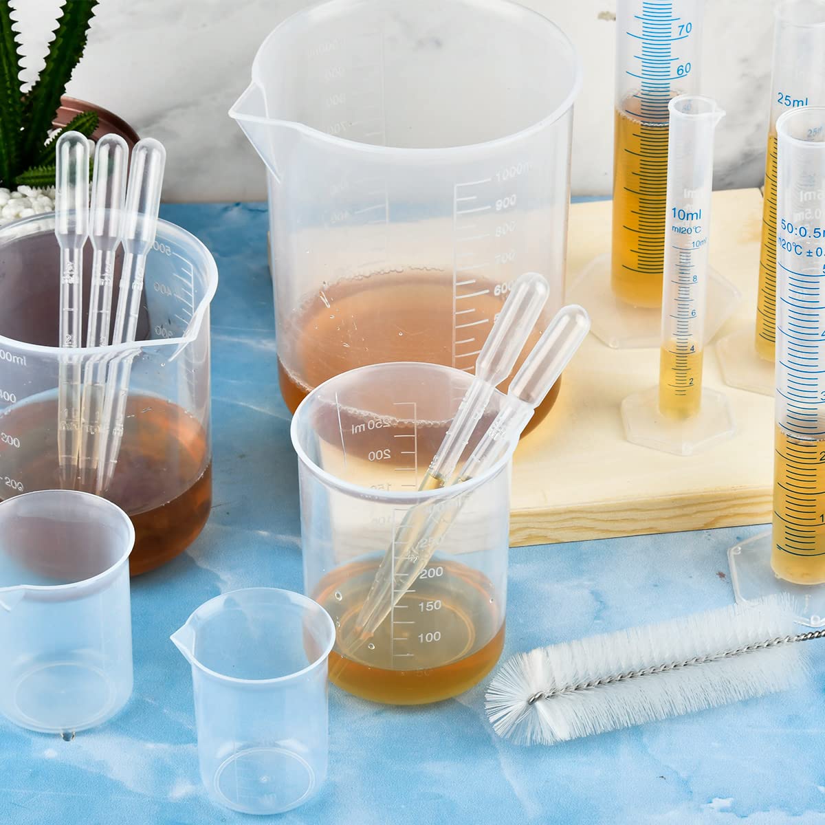 Juego cilindros graduados de plástico medición vasos tubos ensayo jarras frascos laboratorio ciencia pipetas cepillos transferencia líquidos 15pcs