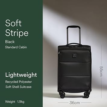 ANTLER - Soft Stripe 2.0 Cabin Suitcase - easyjet Compatible Bag 55x35x20 - Adjustable Handle, 4 Spinner Wheels, Lightweight, TSA Lock - Recycled Polyester Luggage - Black
