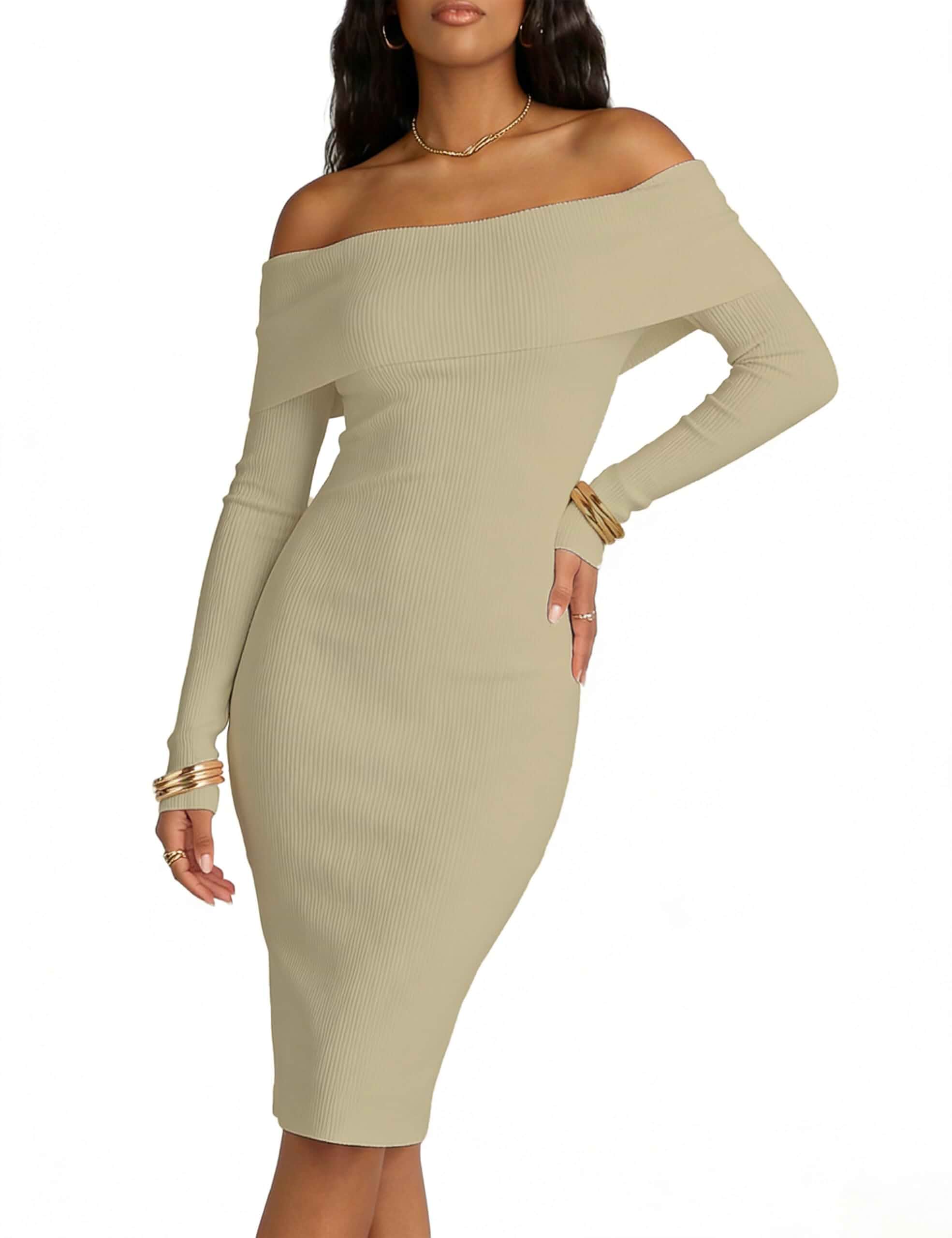 MAKABO Women's Off The Shoulder Sweater Dress Long Sleeve Bodycon Midi Ribbed Knit Cocktail Party Elegant Night Out Dress