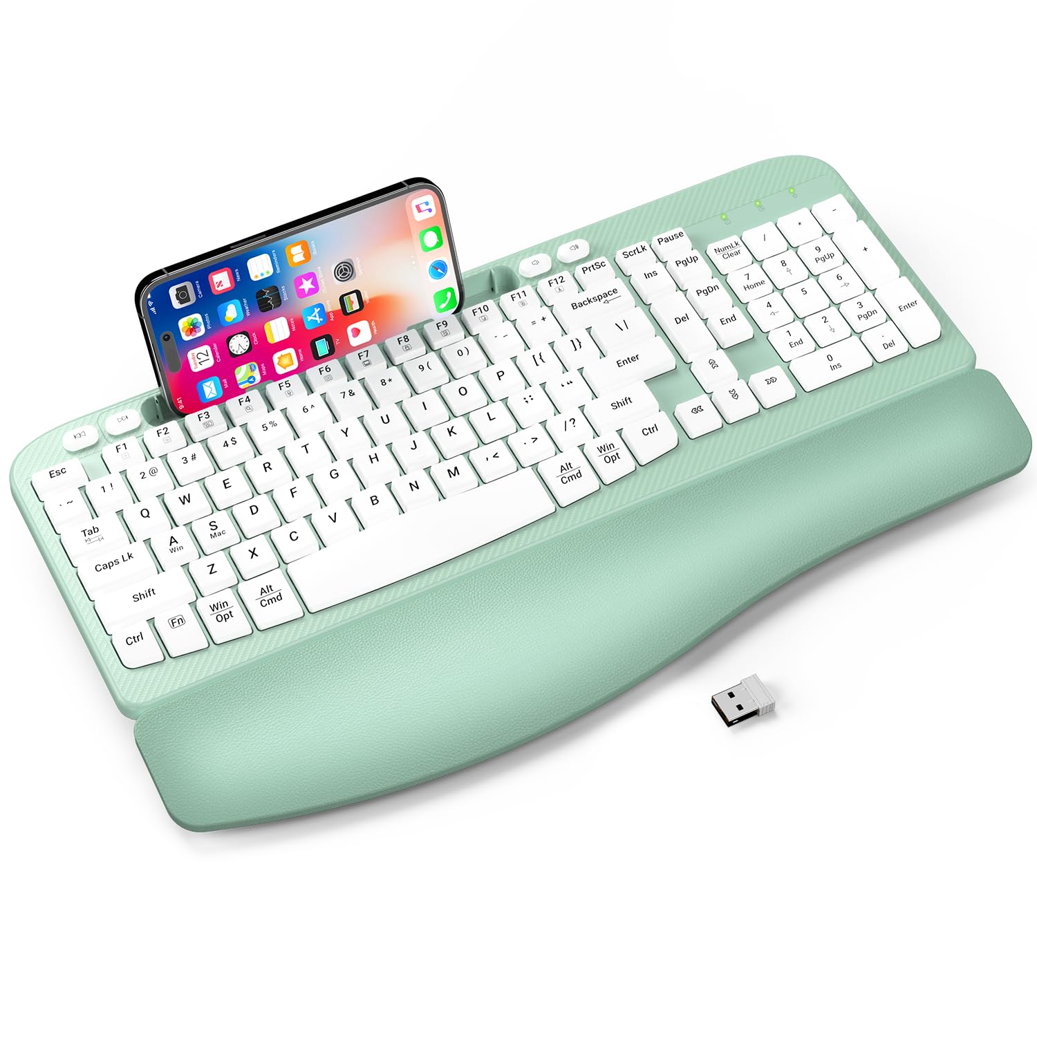 EAYBLLY Wave Keys Bezprzewodowa ergonomiczna klawiatura z amortyzowanym podparciem dłoni, wygodne naturalne pisanie, do dużych dłoni, 2,4 GHz, pełnowymiarowa bezprzewodowa klawiatura komputerowa USB