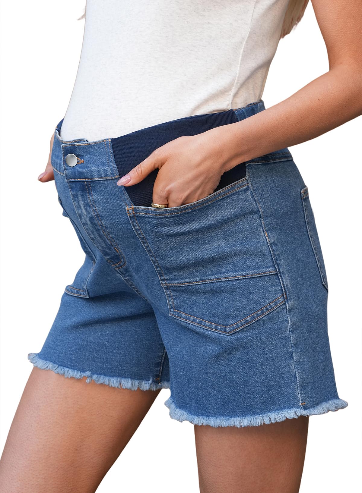 BLENCOT Womens Maternity Denim Shorts Mid-Rise Stretch Pregnancy Lounge Frayed Hem Plus Size Jeans Short with Pockets