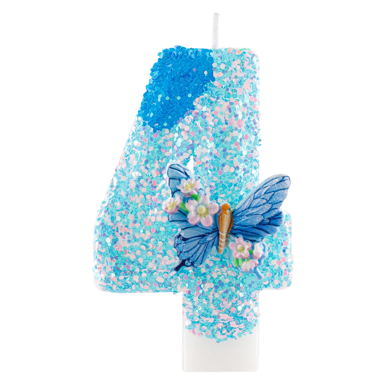 Yiran Number 4 Birthday Candle, Blue Butterfly Glitter Candle for 4th Birthday Cake, Blue Pink Sequin Cake Topper, Perfect for Girls Birthday Party, Baby Shower, Anniversary Decorations