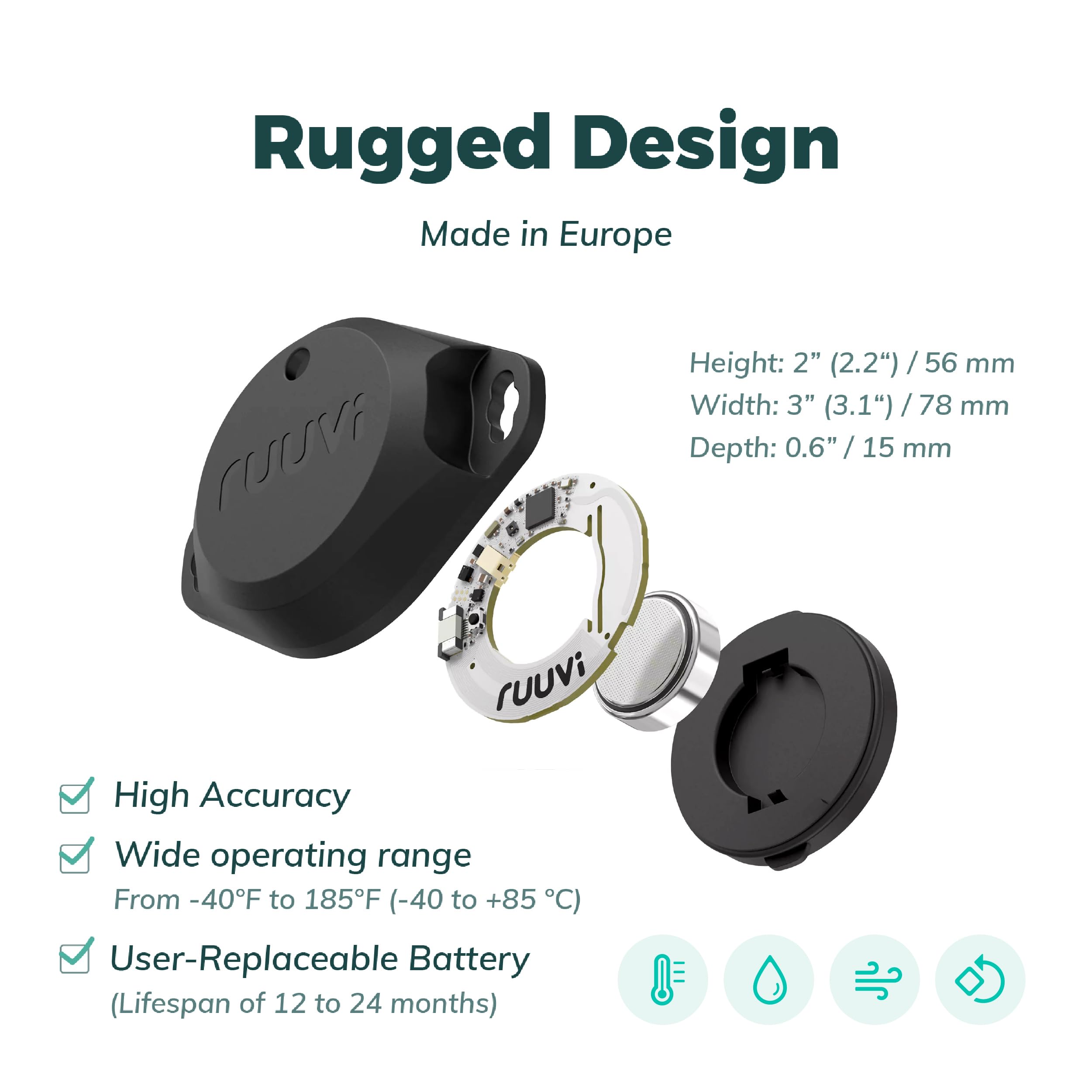 Ruuvi Tag Pro 4w1 bezprzewodowa temperatura Bluetooth (°C/°F), wilgotność powietrza i ciśnienie powietrza. Alerty i historia. Darmowe aplikacje na Android/iOS. Integracja z Victron, Homey i Home