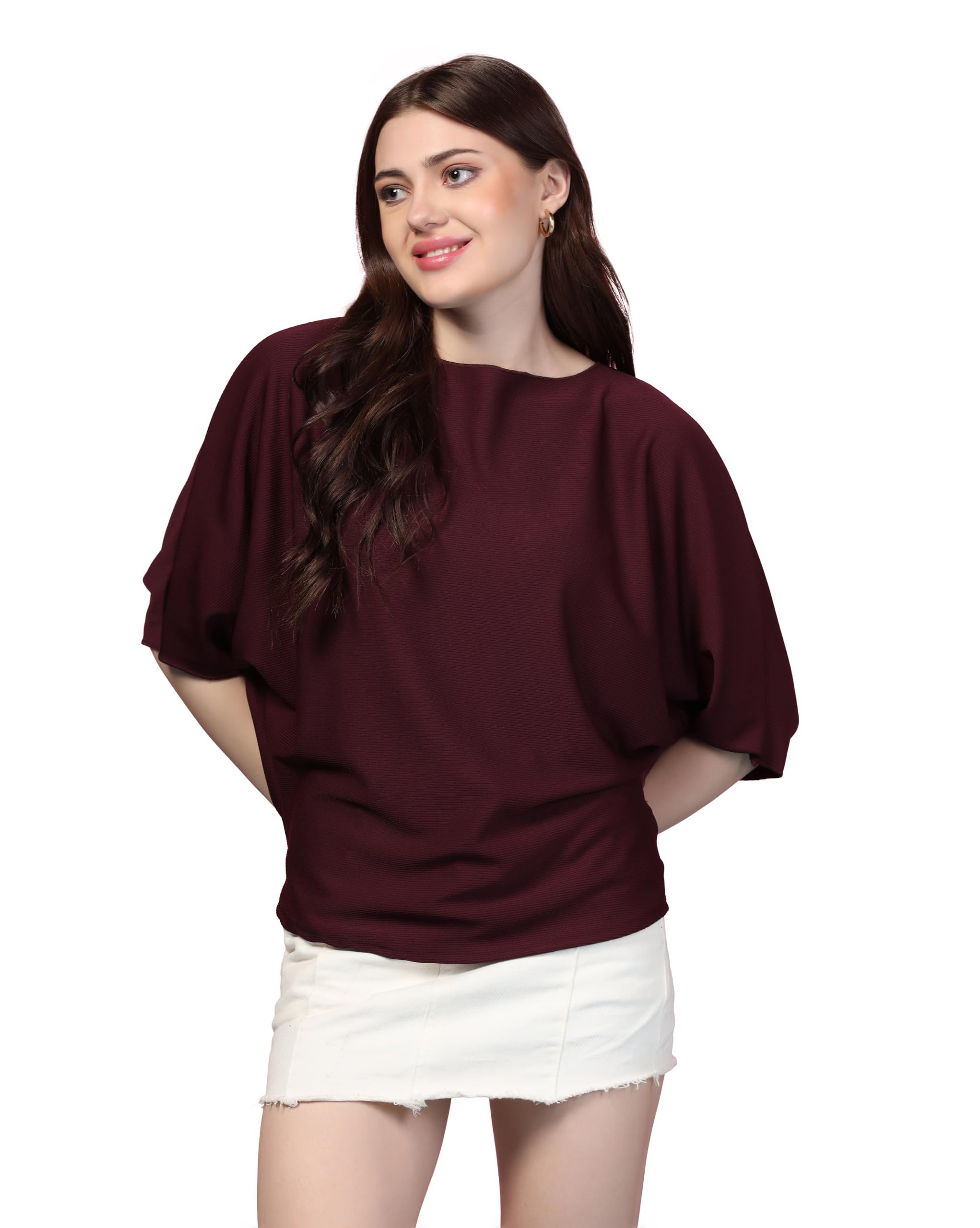 Women Fashion Trendy Ribbed Boat Neck Top Half Sleeves Long Top for Women Formal, Casual, Office, Date, Outing, Party Tops