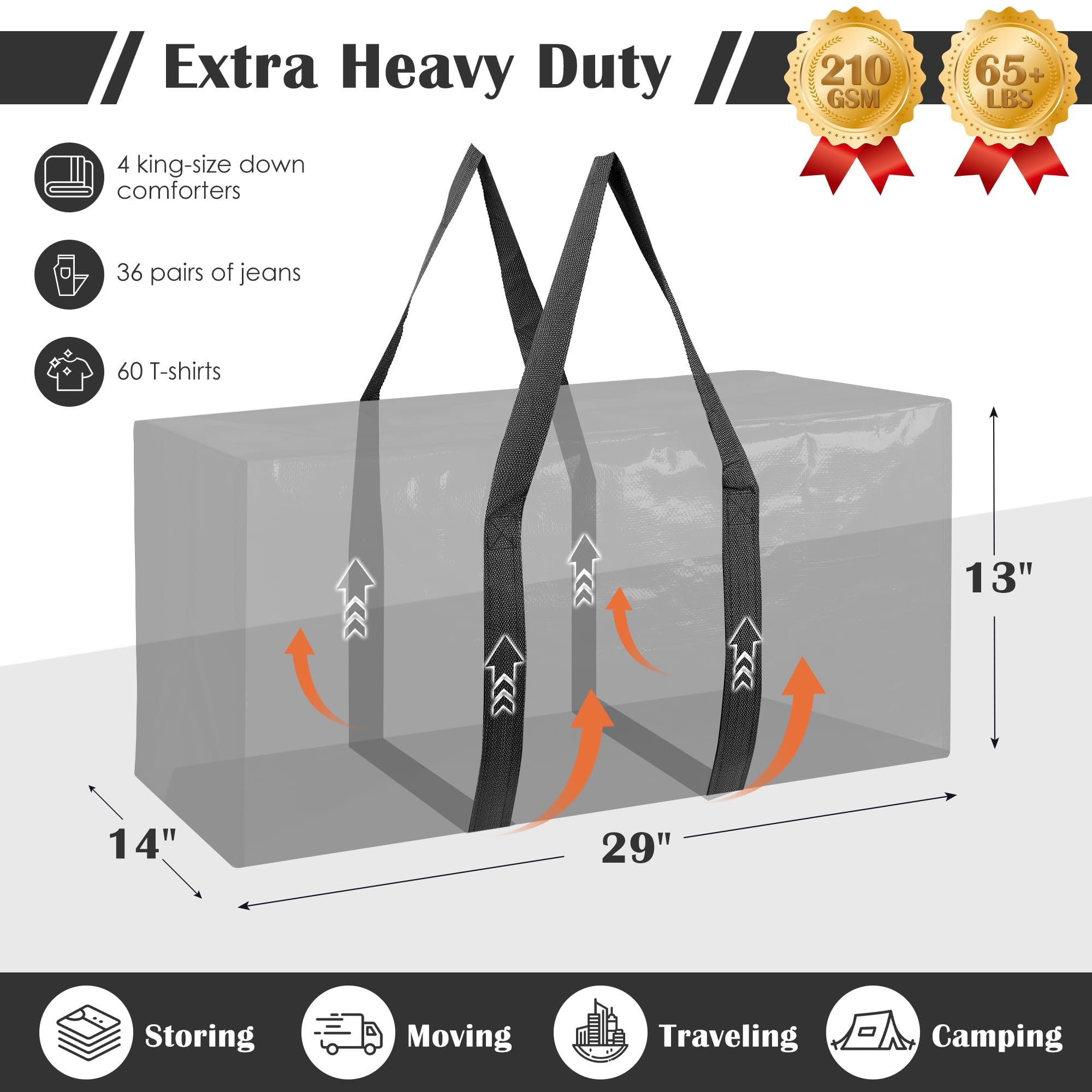 6 Pack Extra Large Heavy Duty Moving Bags with Reinforced Zipper & Wide Handles, Moisture-Resistant Storage Bins Packing Cubes for Clothes, College Dorm, Travel, and Home Organization, Black - 2