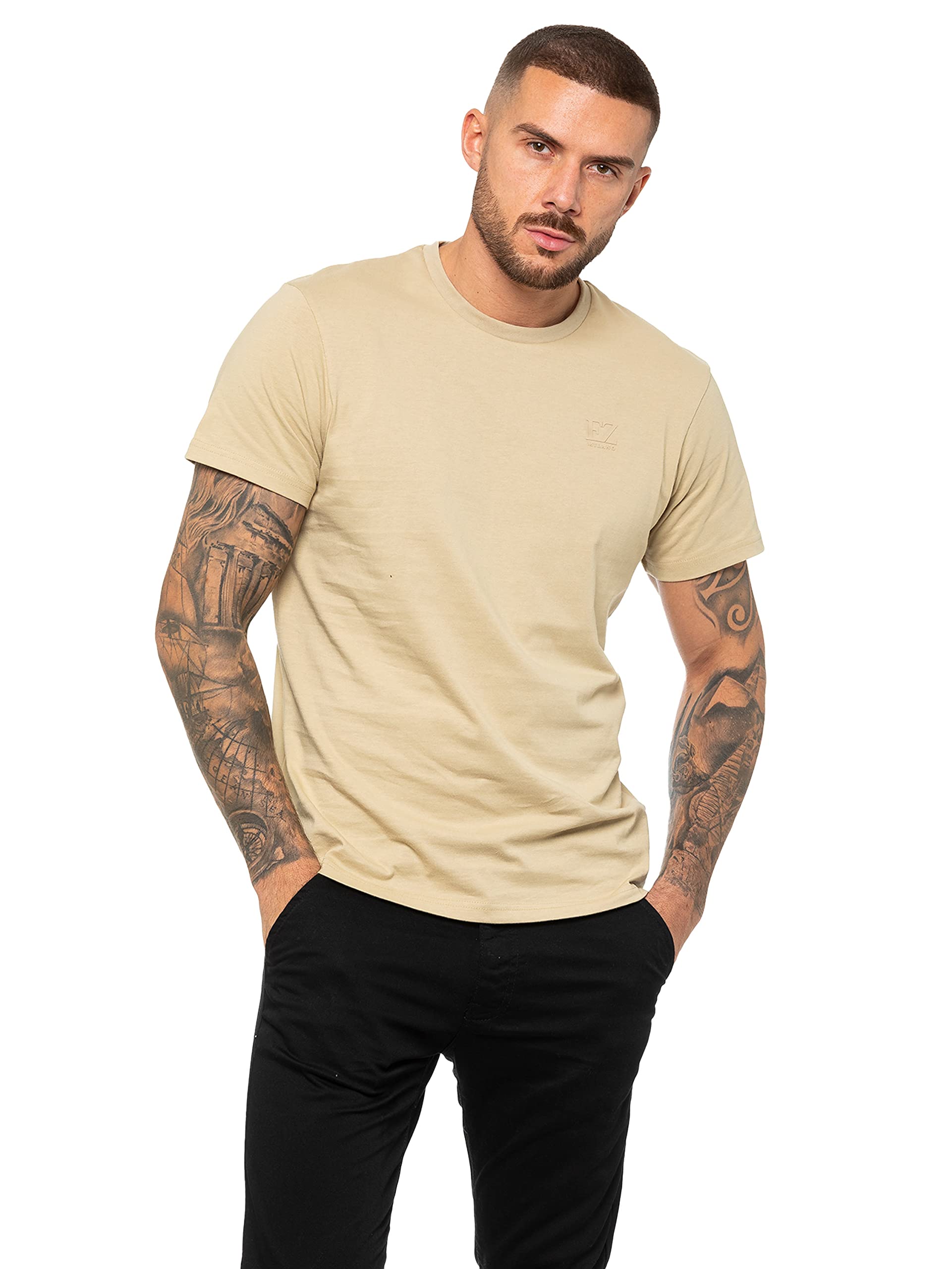 Enzo Men's Crew Neck T-Shirt - Stone - L - Stone - 100% Cotton