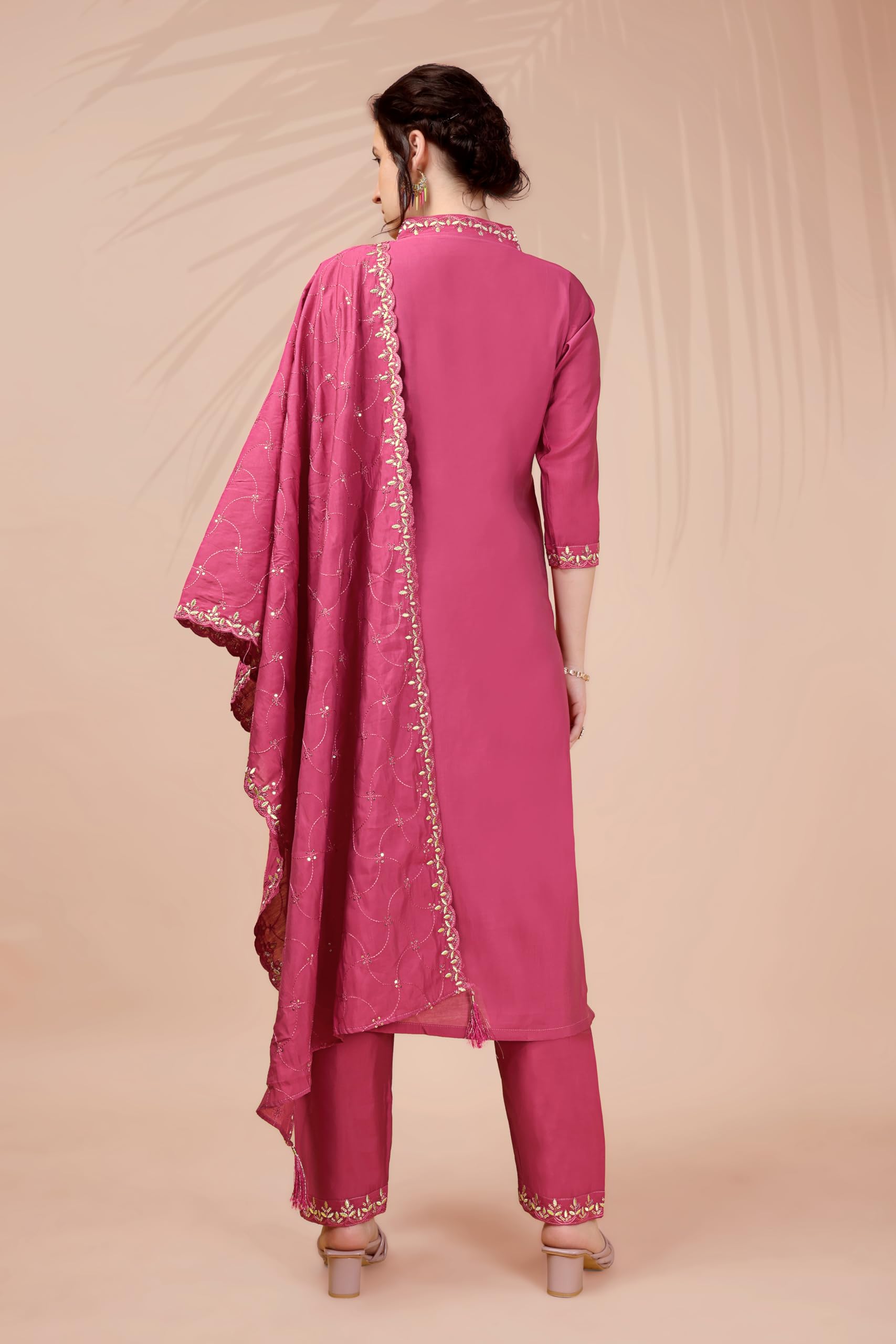 Xomantic Fashion Womens's Pink Color Cotton Embroidered Readymade Kurta Pant Set With Dupatta (X-Small, Pink)