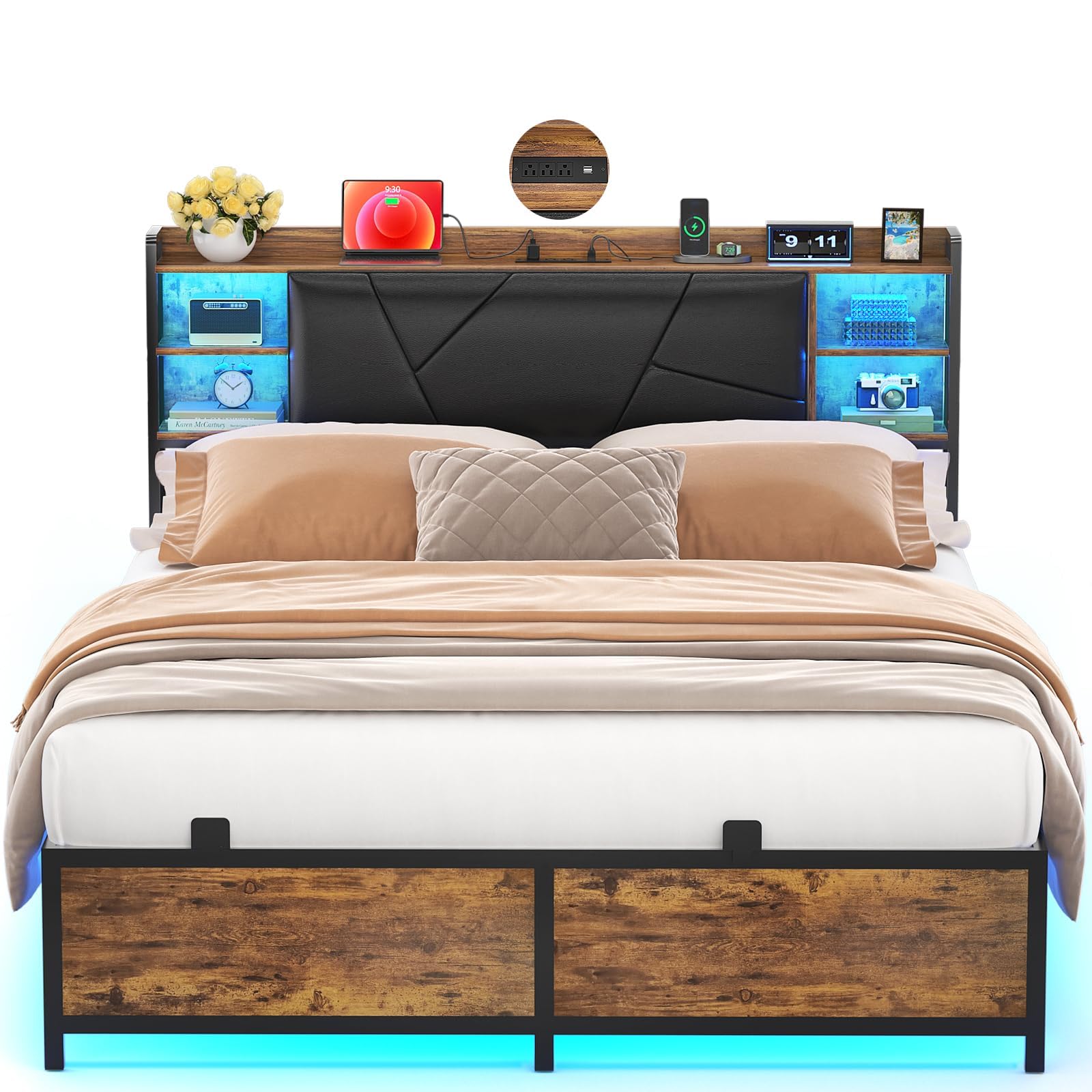 Unikito Full Size Bed Frame with Charging Station and RGB LED Light, Sturdy Platform Bed with Upholstered Headboard, Strong Metal Slats, Noise Free,