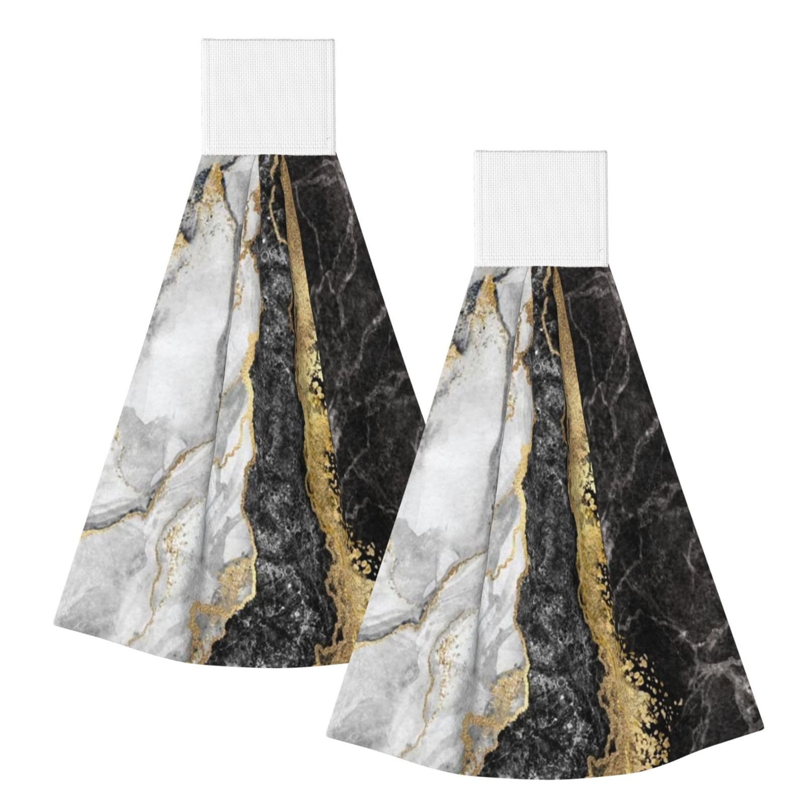 DOPKLNA Black White Gold Foil Marble, 2 Pcs Hanging Coral Fiber Hand Towels for Bathroom, Absorbent Kitchen Towels