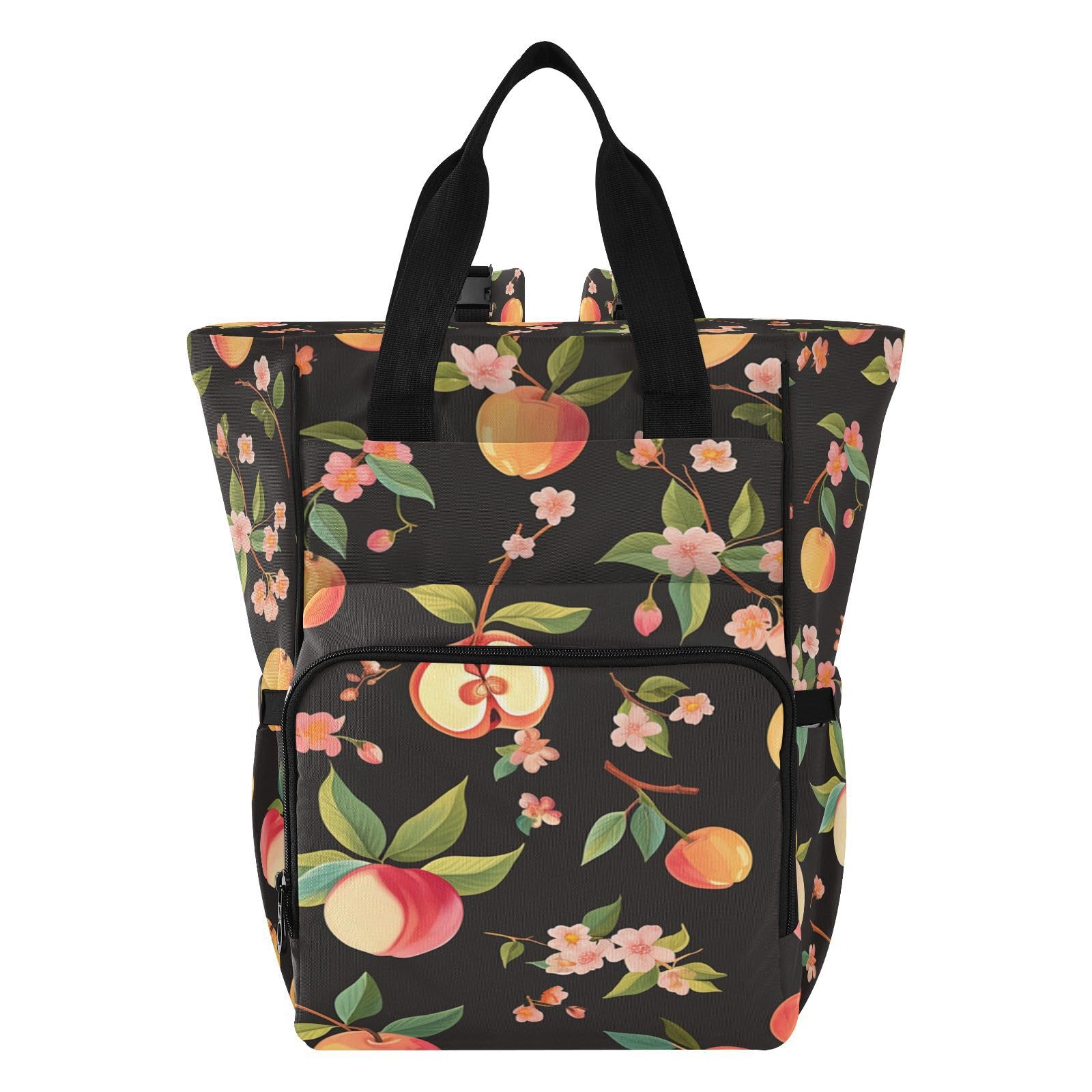 Flores De MelocotóN Negro Mochilas de Pañales para Gran Capacidad Pañal Bolso Mochila para Viajar al Aire Libre Mamá y Papá