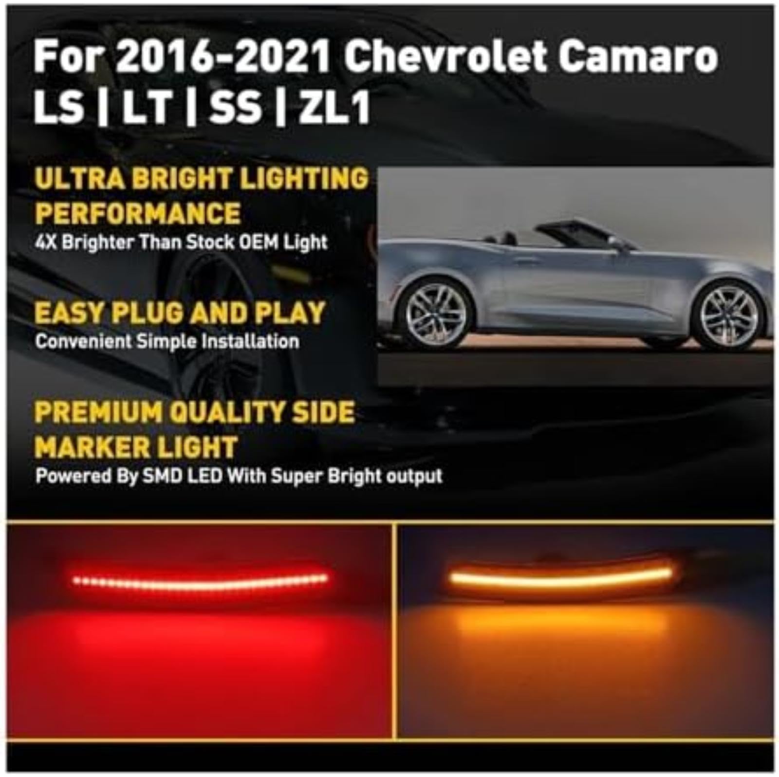 Lampka kontrolna w lusterku bocznym, dla Chevroleta, dla Camaro, 2016-2021 Światła obrysowe Żółty Czerwony 4 szt. Przednia tylna lampa LED na błotniku Akcesoria samochodowe (4Pcs White)