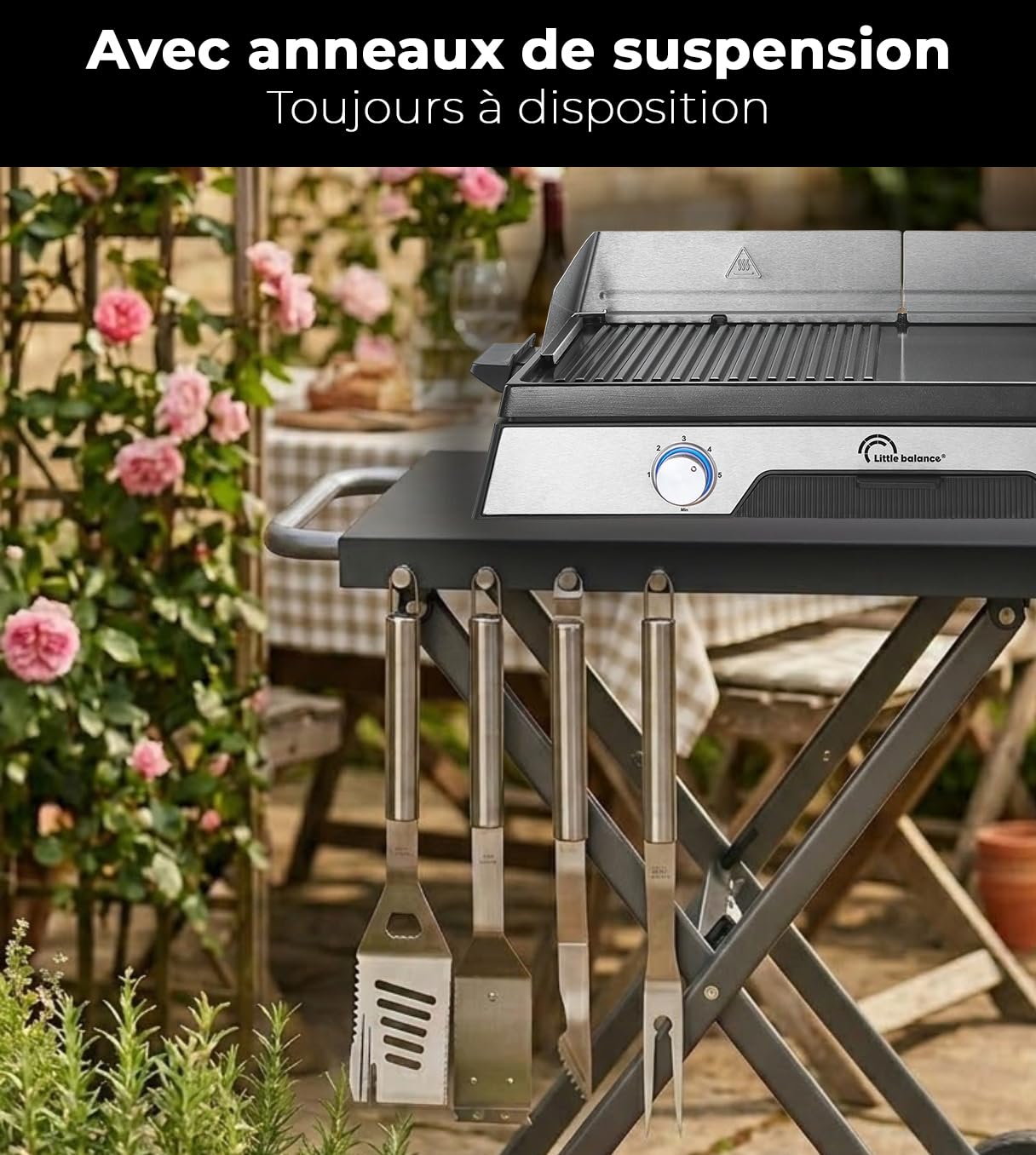 Little Balance 3081 Baroud'Fire, Kit Barbecue 4 utensili: Pinza, Forchetta, Spatola, Spazzola, per il giardino, in campeggio, escursionismo, vacanze. Set barbecue con valigetta portatile, tutto INOX